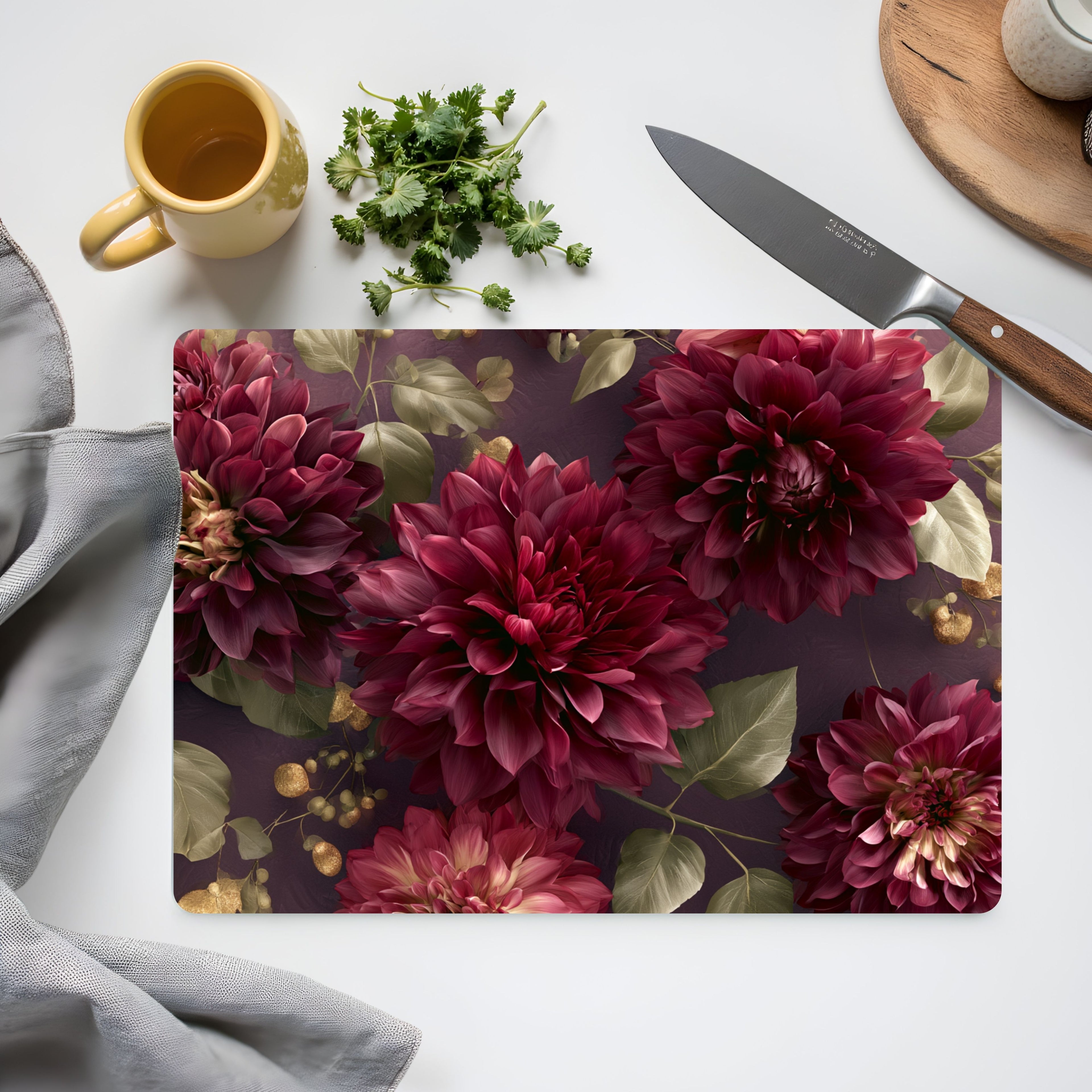 Dahlia Blossom Glass Cutting Board Customized with Your Name and Garden Style