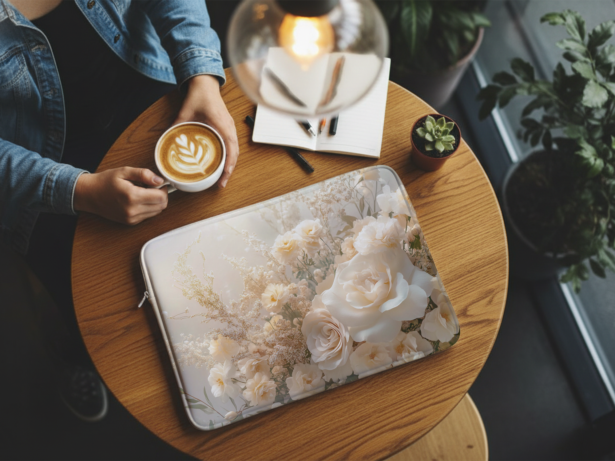 Cream Rose Computer Carry Case with Personalized Name Floral Tech Sleeve
