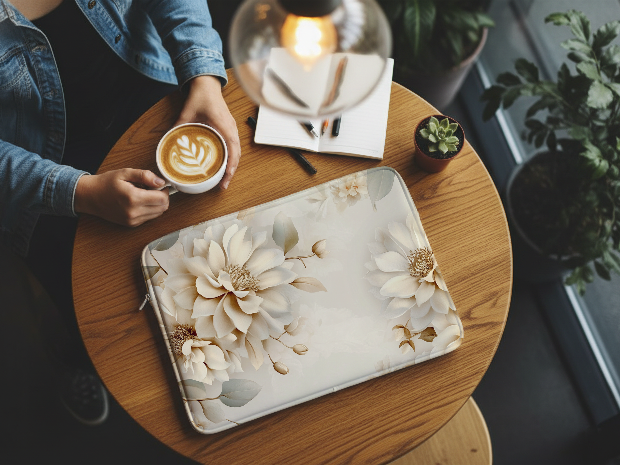 Cream Magnolia Laptop Portfolio with Personalized Name Botanical Tech Sleeve