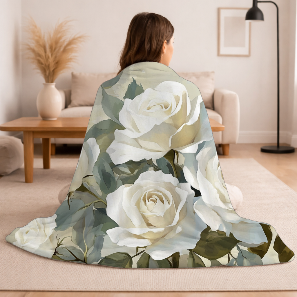 Personalized White Rose Cottage Sherpa Blanket with Custom Name