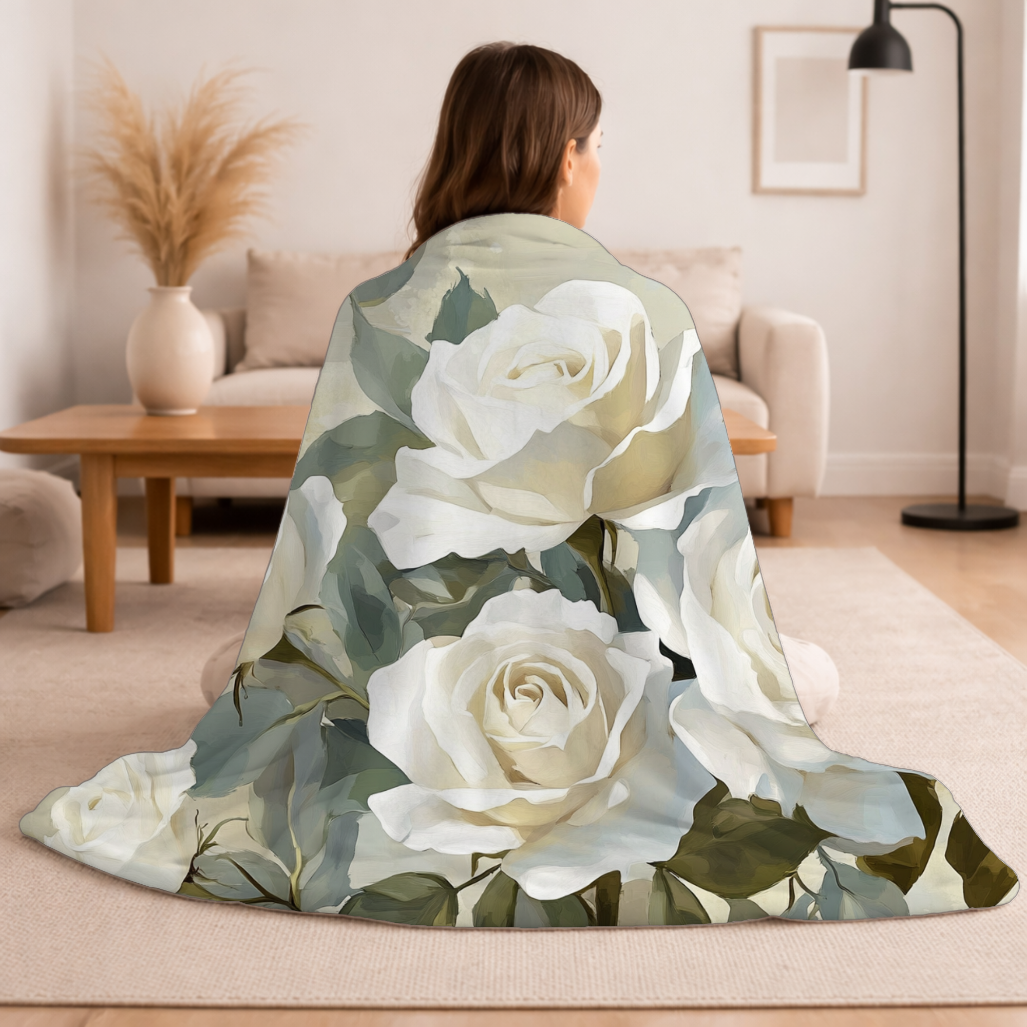 Personalized White Rose Cottage Sherpa Blanket with Custom Name