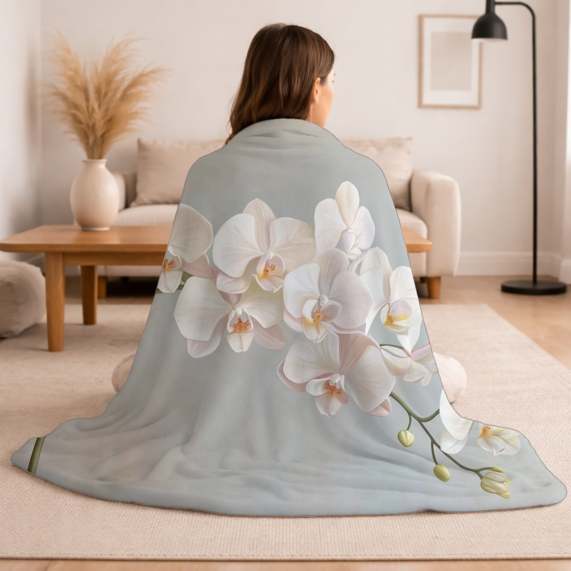 Personalized White Orchid Sherpa Blanket with Custom Name Floral Throw Gift