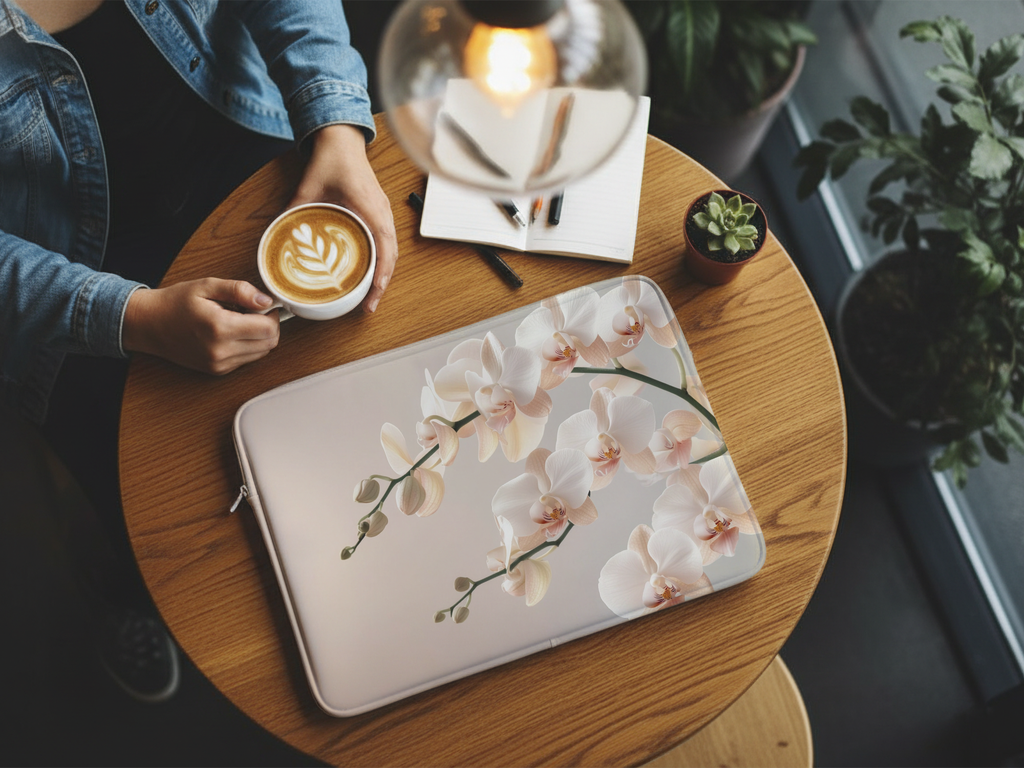 White Orchid Computer Sleeve Personalized with Name Elegant Botanical Case