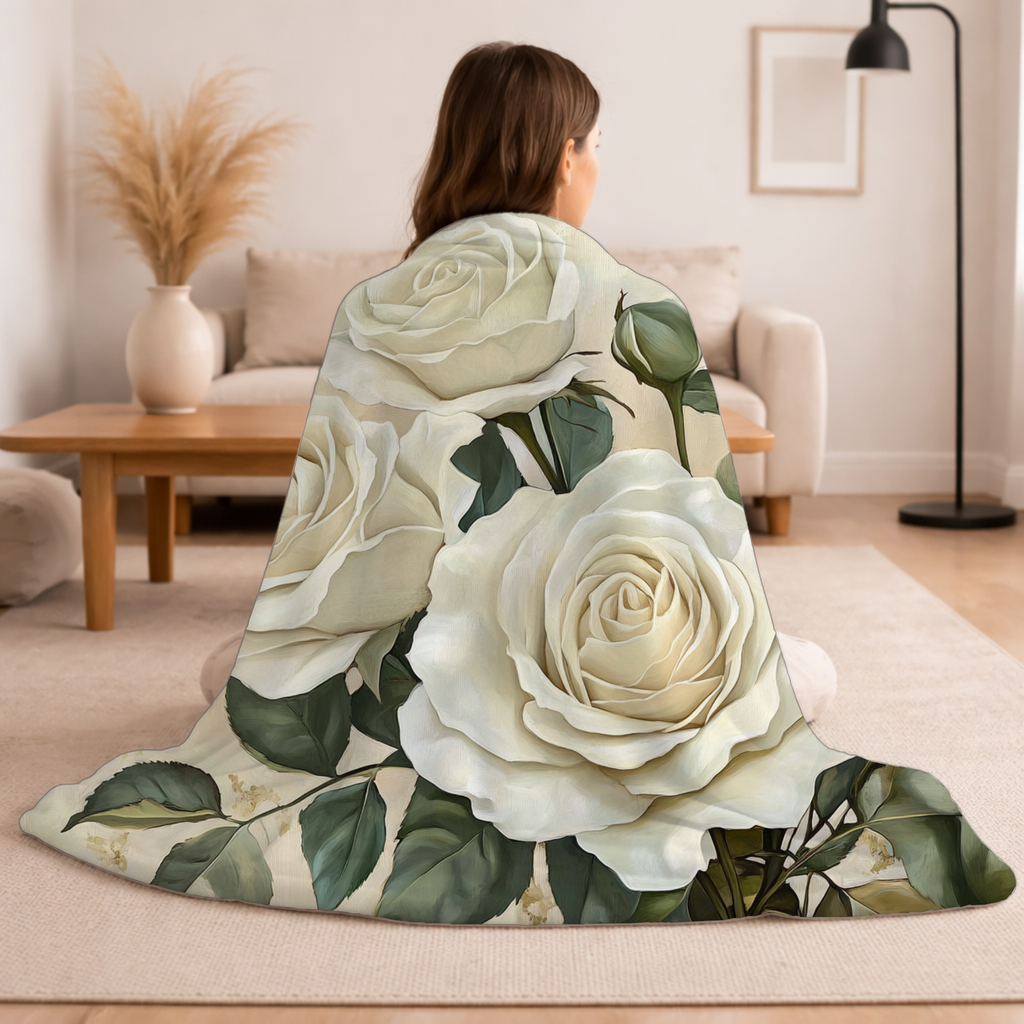 Personalized White Rose Sherpa Blanket with Custom Name