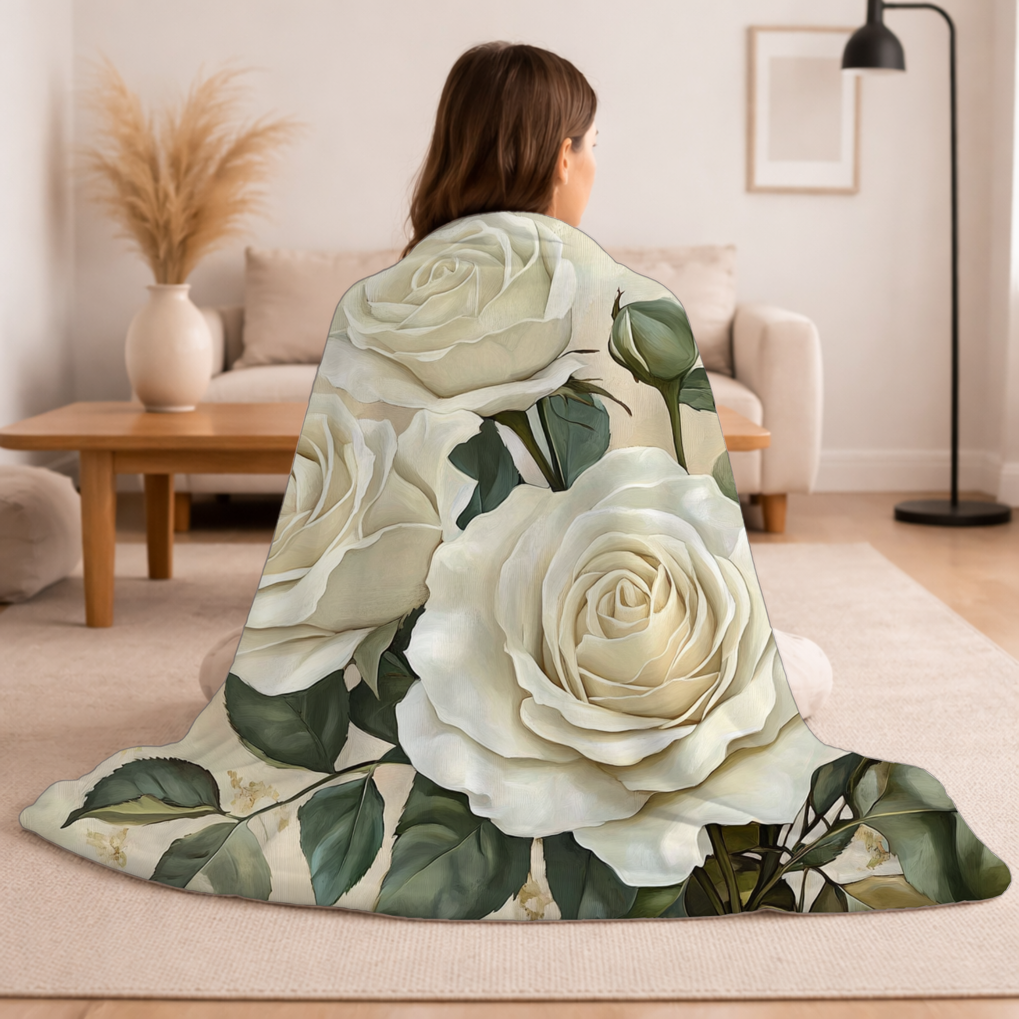 Personalized White Rose Sherpa Blanket with Custom Name