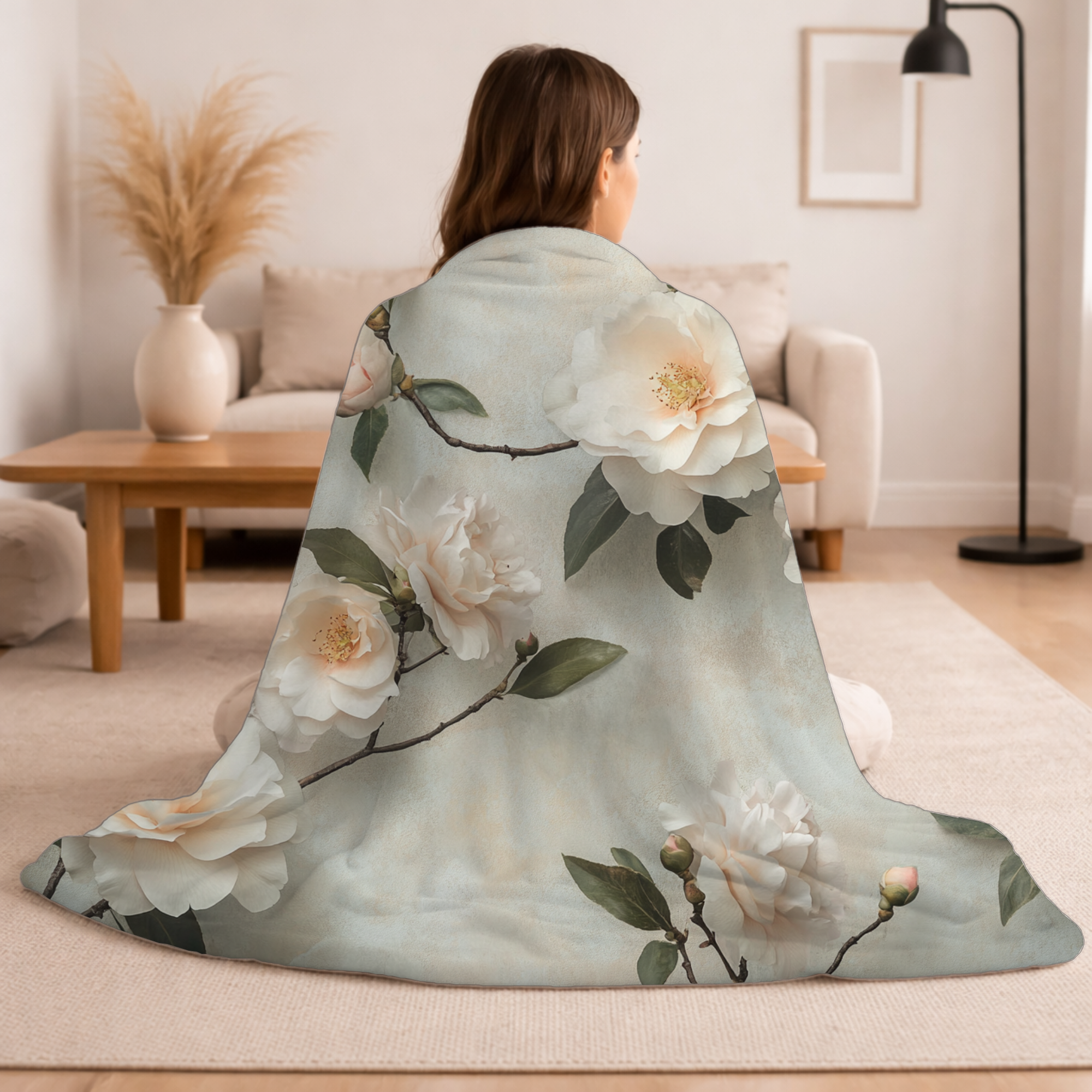 Personalized Camellia Sherpa Blanket with Custom Name