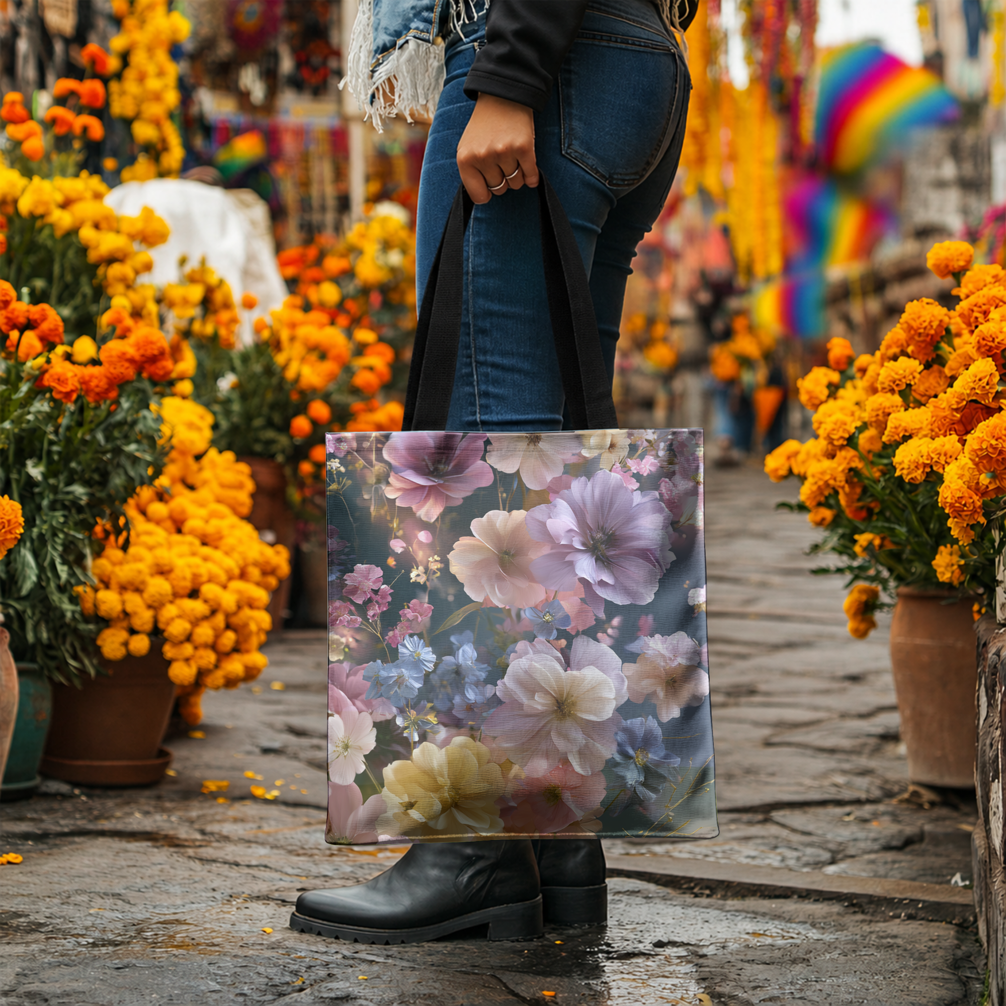 Custom Floral Shopping Tote Bag with Personalized Name for Market & Daily Use