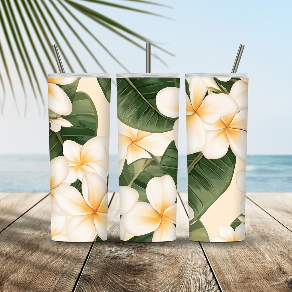 Personalized White Plumeria Tumbler with Custom Name Tropical Travel Cup Gift