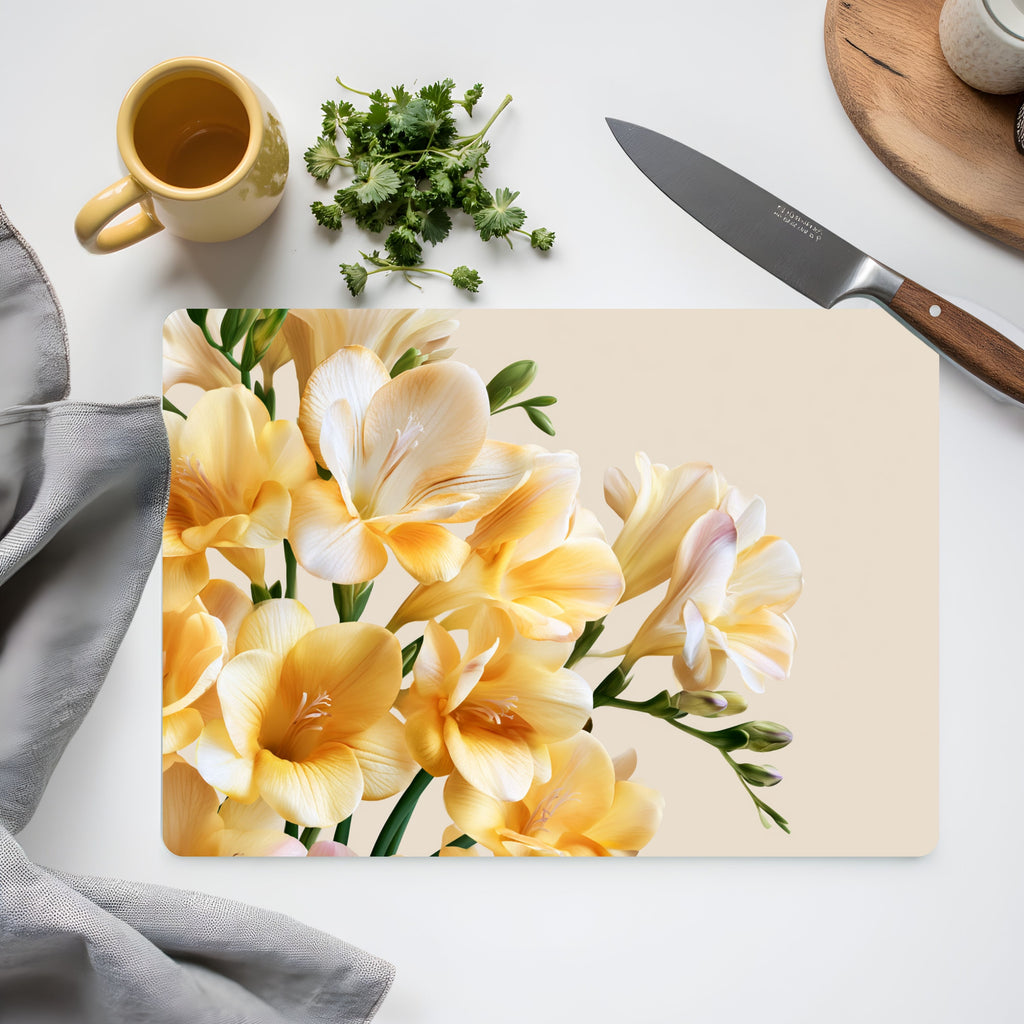 Personalized Freesia Glass Cutting Board with Custom Name Botanical Kitchen Decor