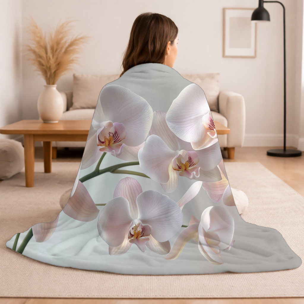 Personalized White Orchid Sherpa Blanket with Custom Name