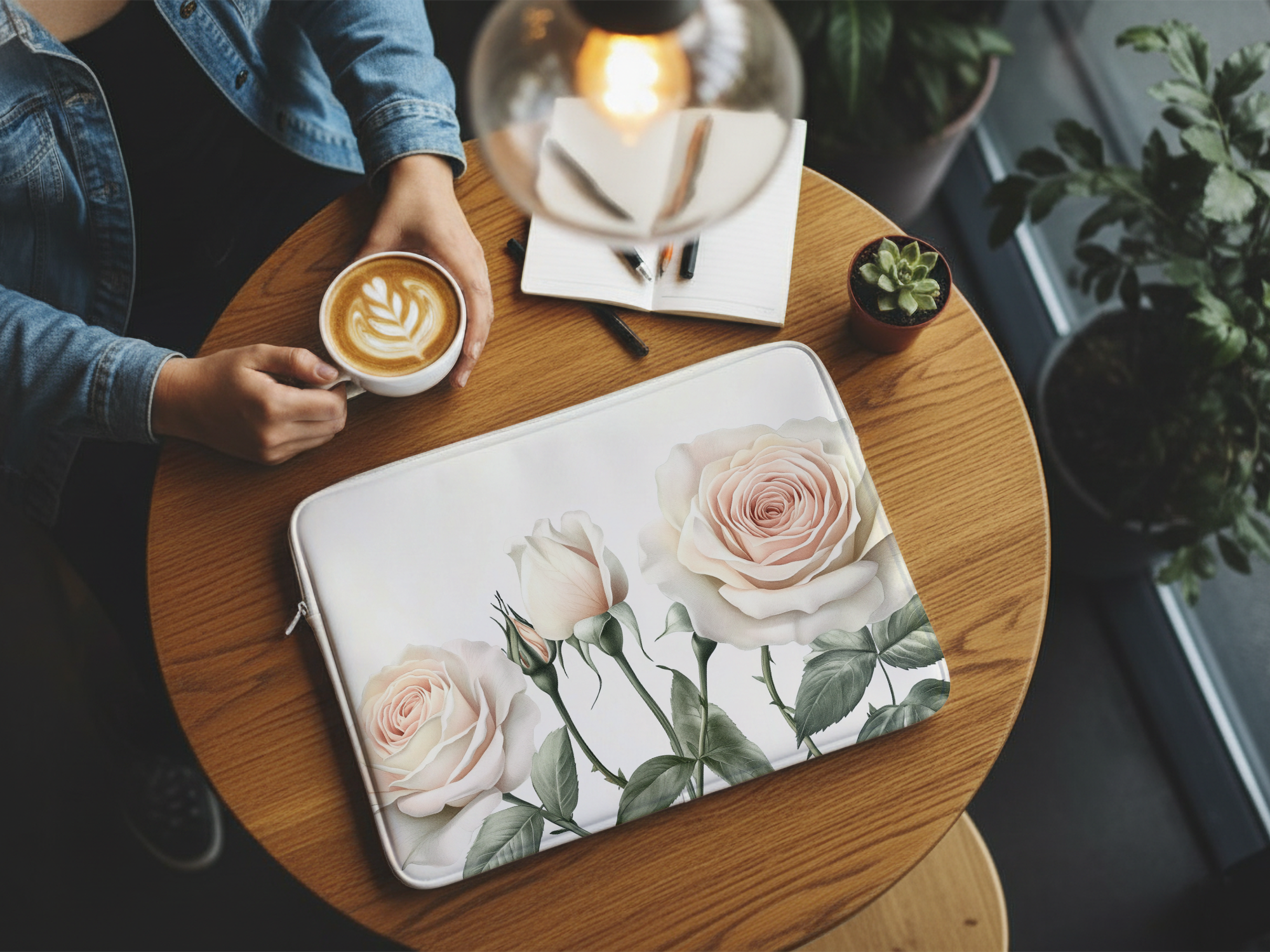 Blush Rose Laptop Portfolio Personalized with Name Romantic Botanical Sleeve