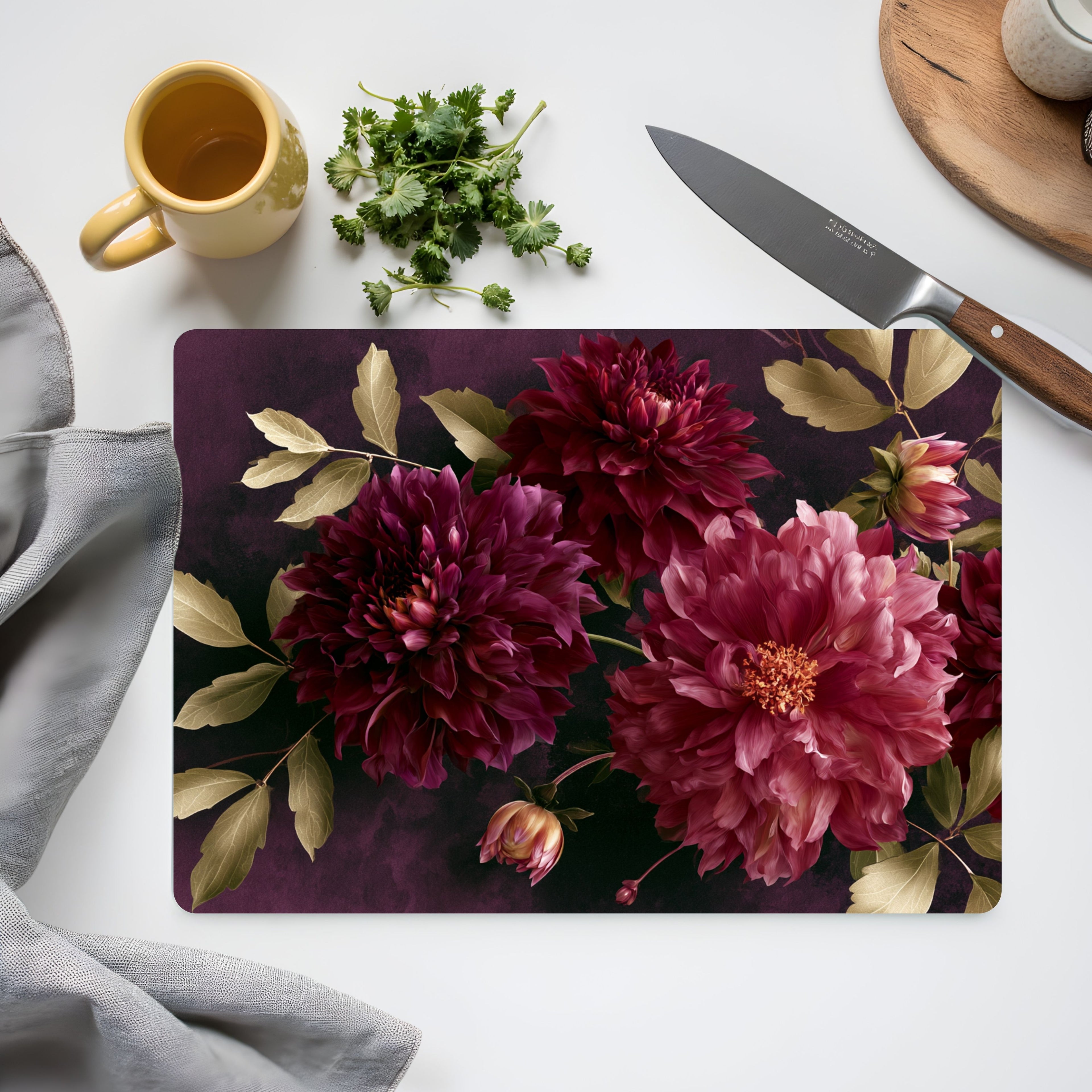 Dark Burgundy Dahlia Glass Cutting Board Personalized for Luxury Kitchen Décor