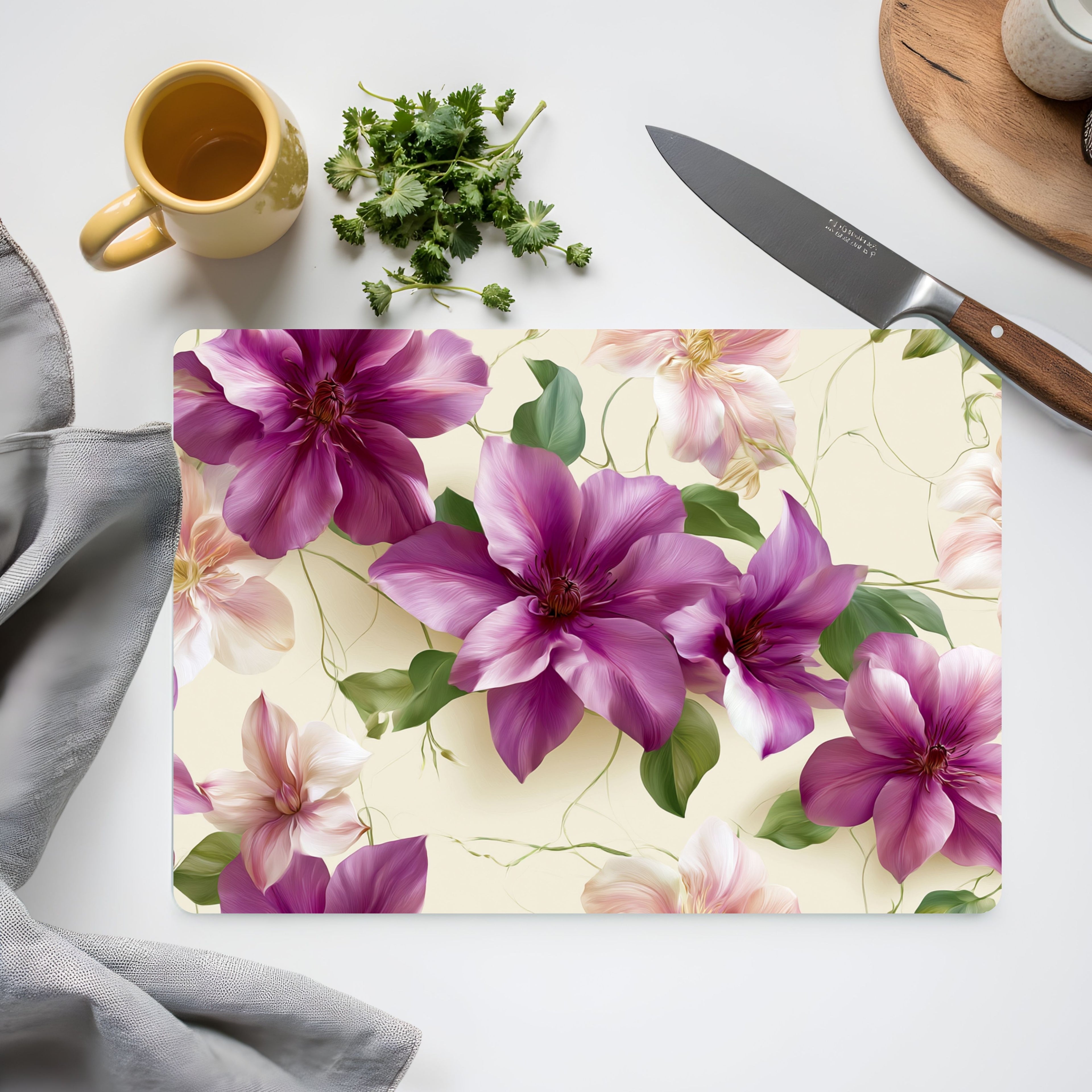 Clematis Garden Glass Cutting Board Personalized for Elegant Kitchen Gatherings