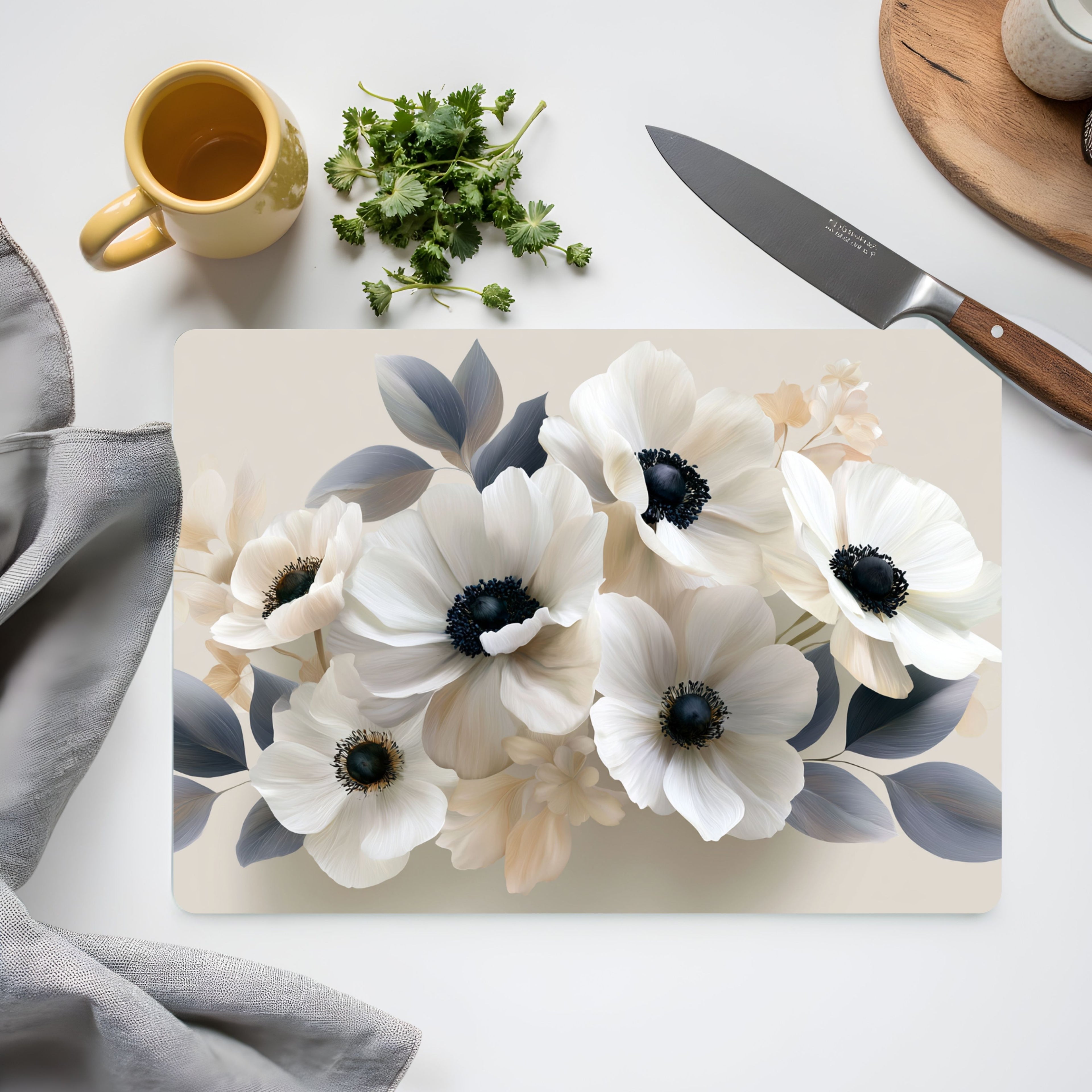 Anemone Bloom Glass Cutting Board Personalized for Refined Kitchen Décor