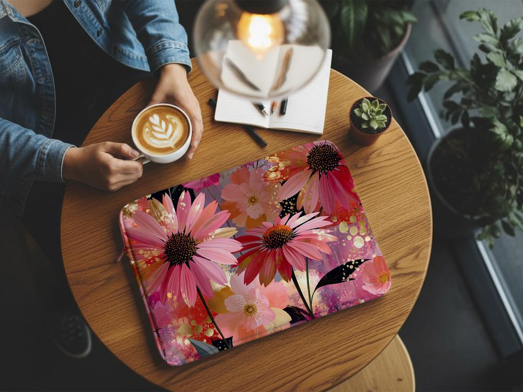 Echinacea Bloom Laptop Sleeve with Personalized Name Botanical Travel Cover