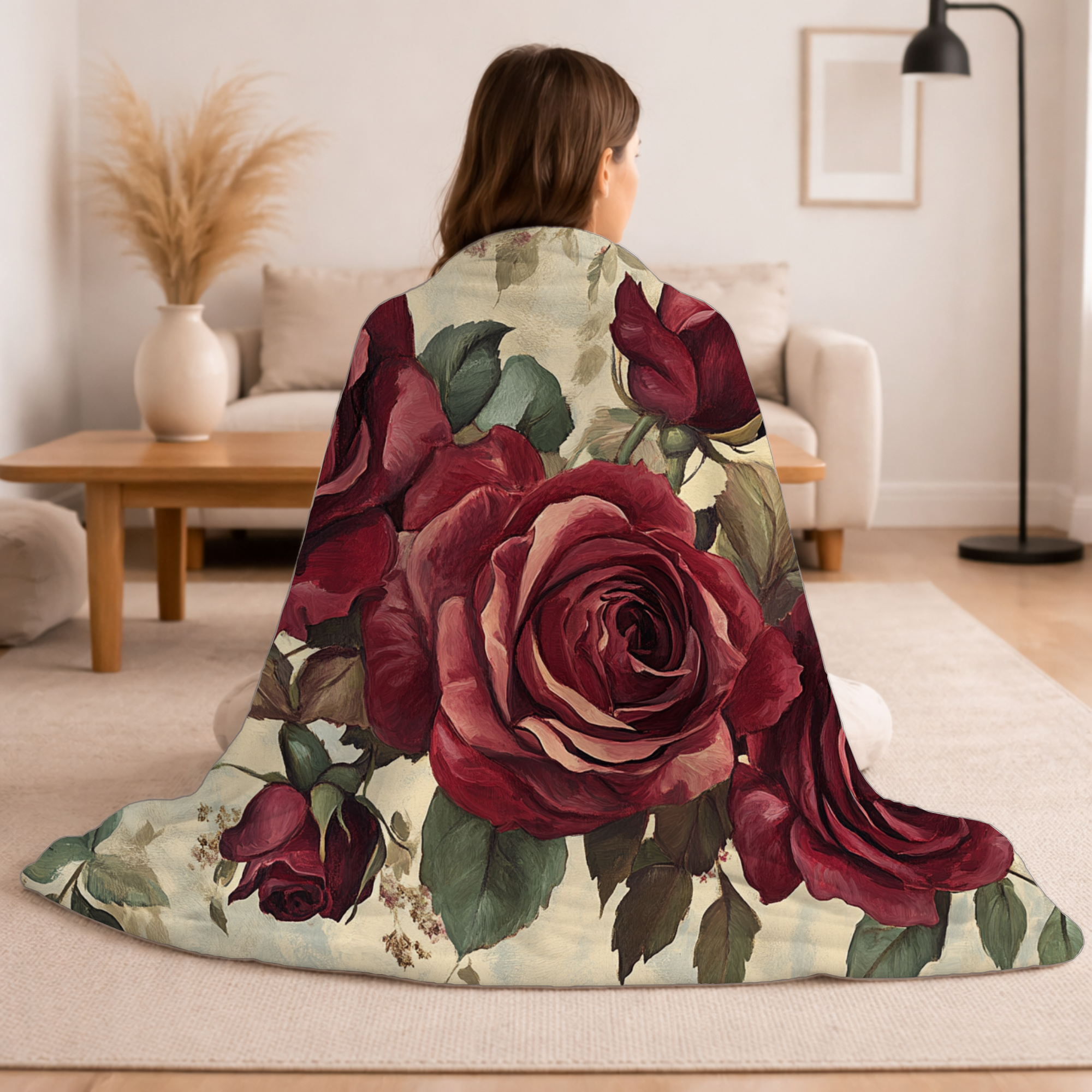 Personalized Spring Red Rose Sherpa Blanket with Custom Name