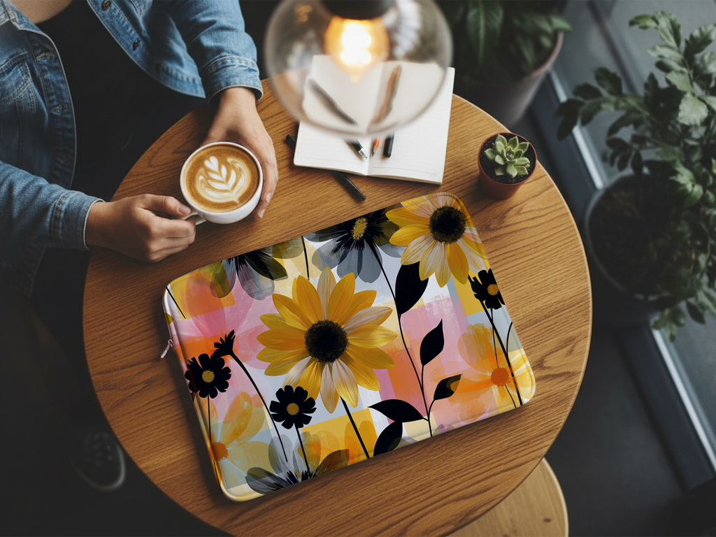 Rudbeckia Floral Laptop Sleeve with Personalized Name Botanical Tech Cover
