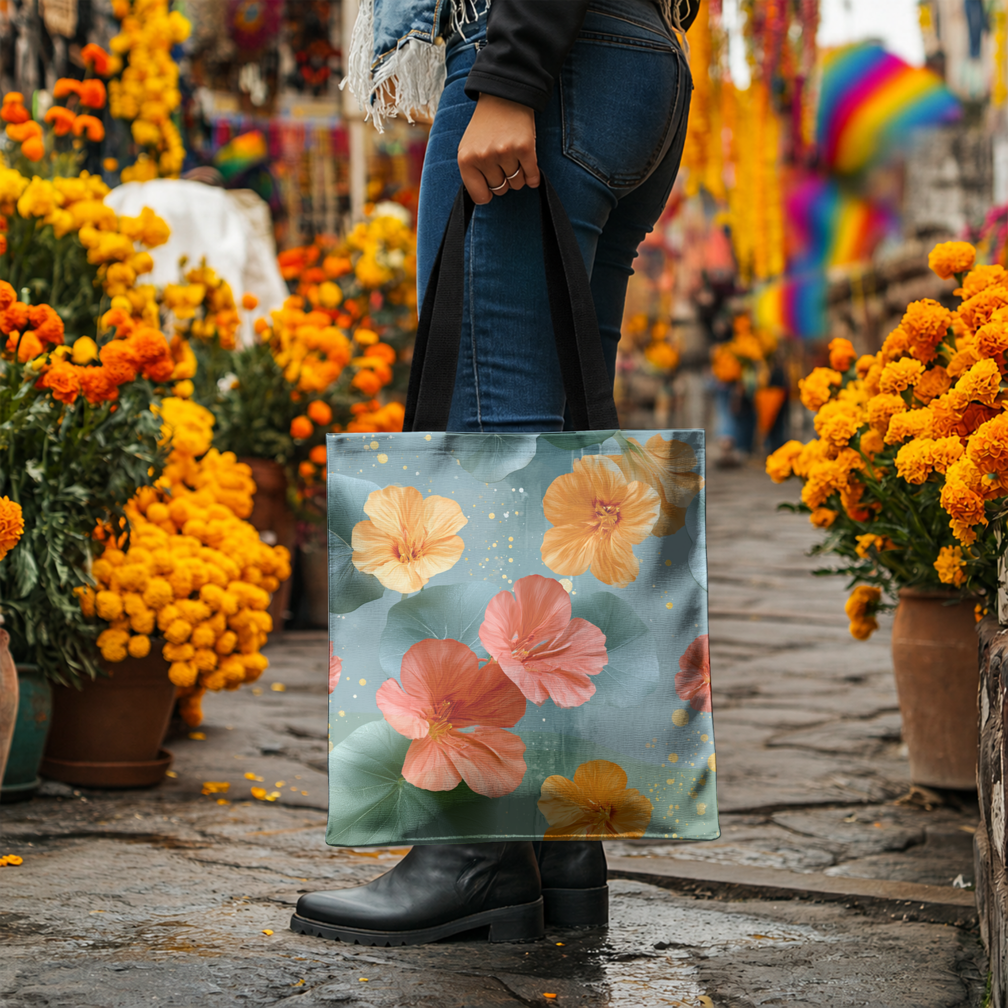 Personalized Botanical Gift Tote Bag with Custom Name for Shopping & Travel