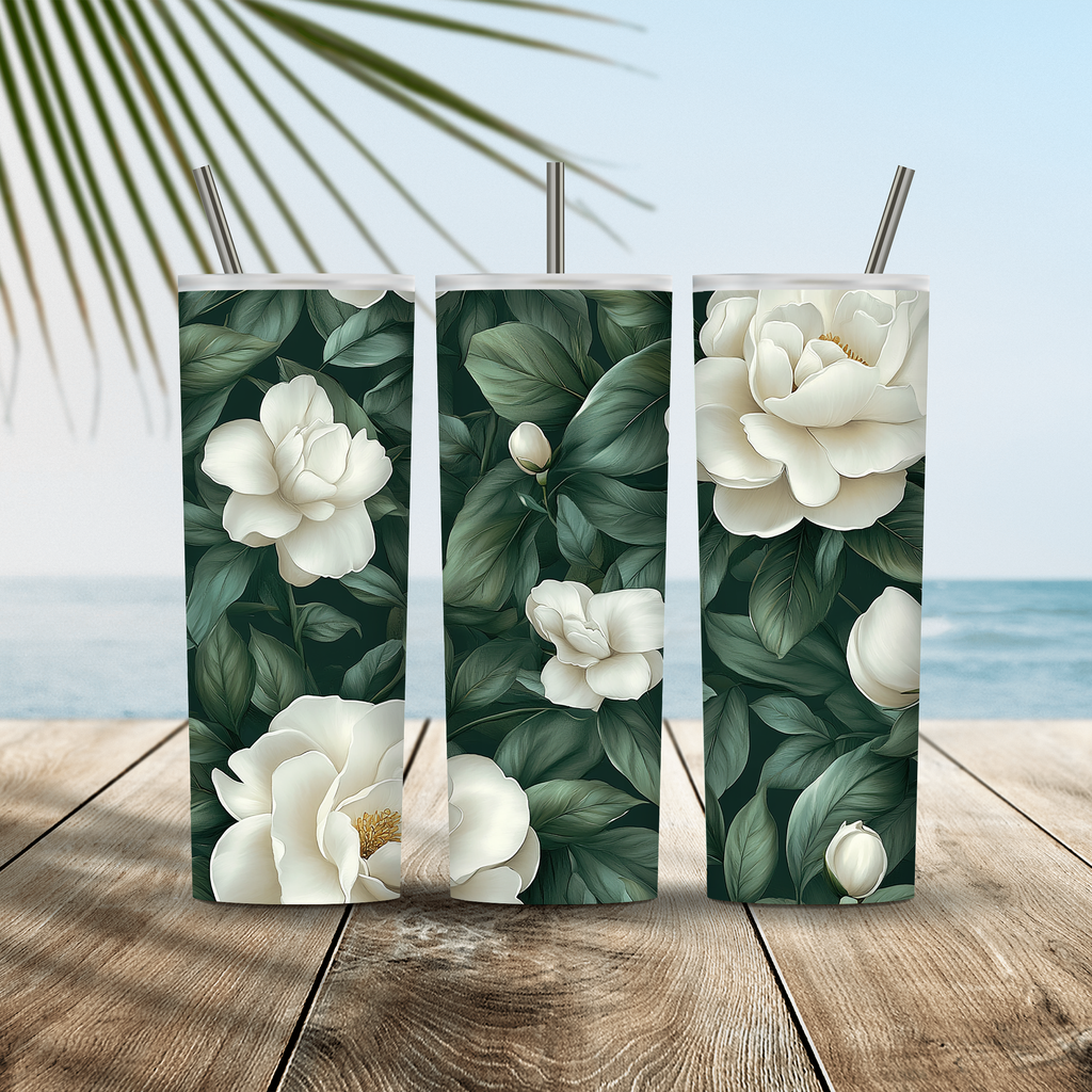 Custom Name Gardenia Blossom Tumbler, Personalized Garden Gift