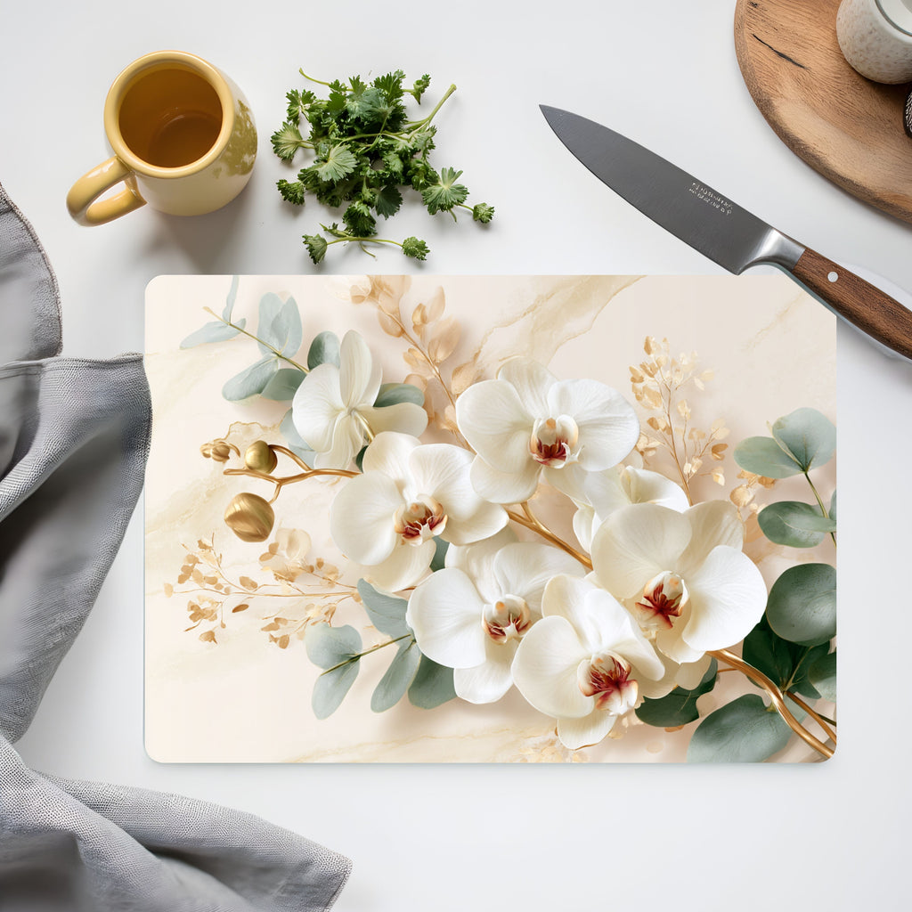 Cream Orchid Glass Cutting Board Personalized for Graceful Kitchen Styling