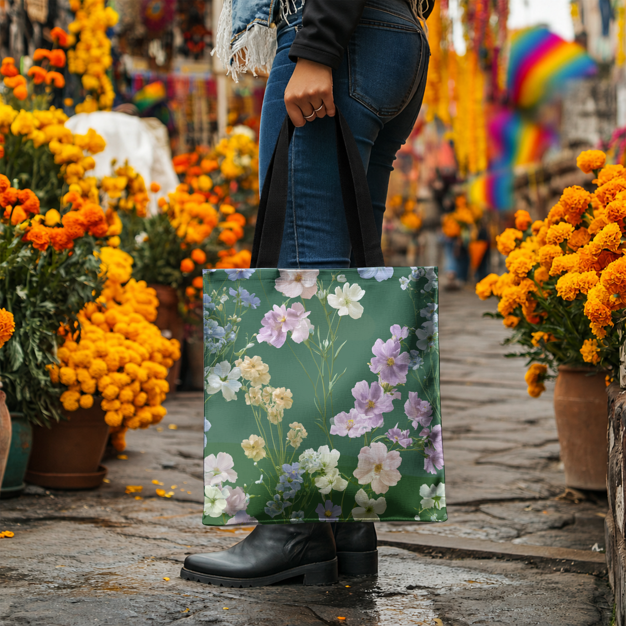Custom Floral Market Tote Bag with Personalized Name for Shopping & Travel