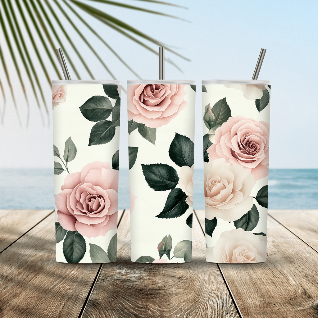 Personalized Blush Rose Tumbler, Custom Botanical Floral Gift