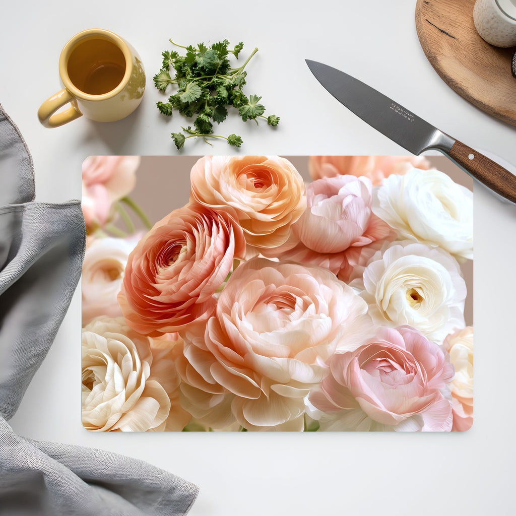Ranunculus Bloom Glass Cutting Board Personalized for Charming Kitchen Entertaining