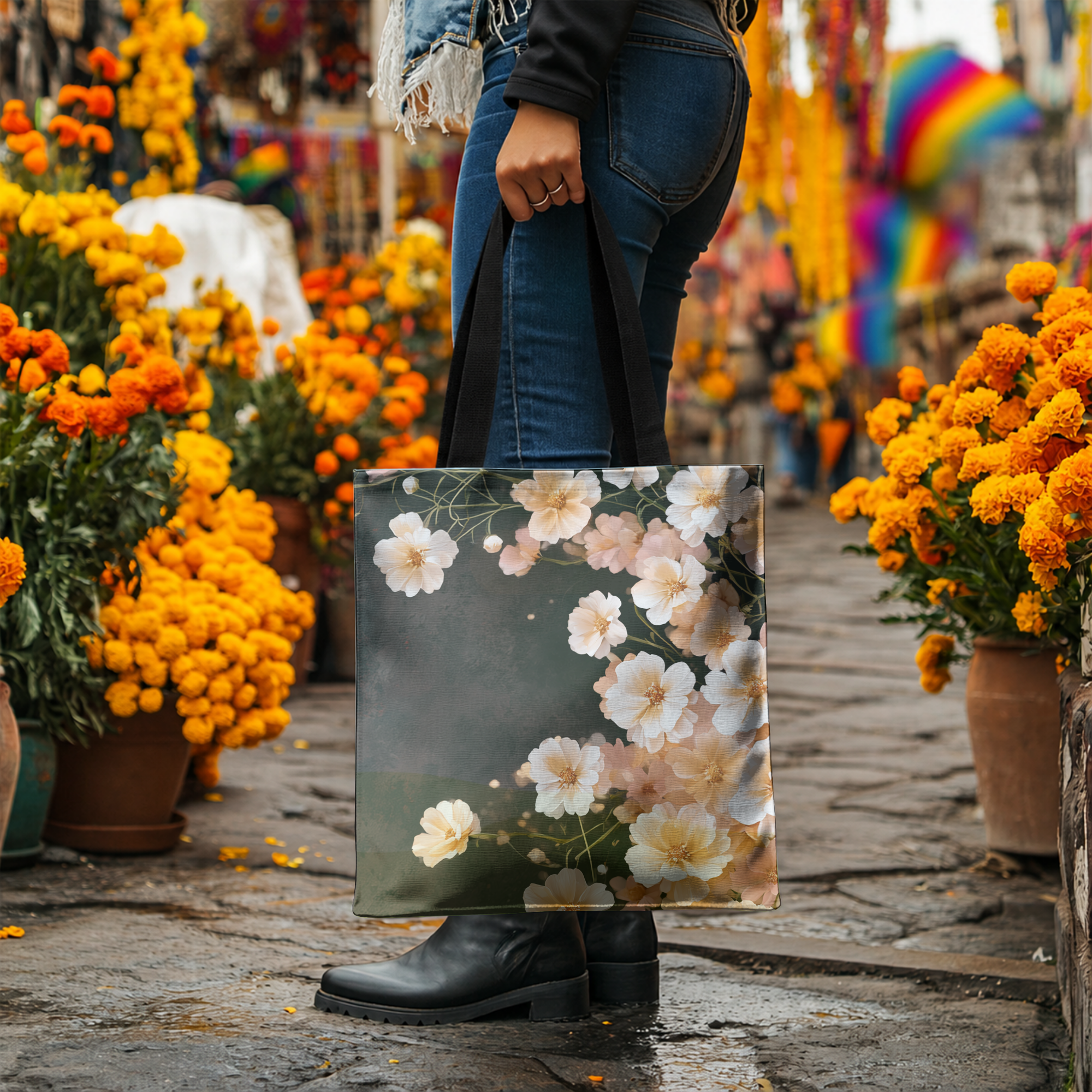 Custom Botanical Carry Tote Bag with Personalized Name for Shopping & Travel