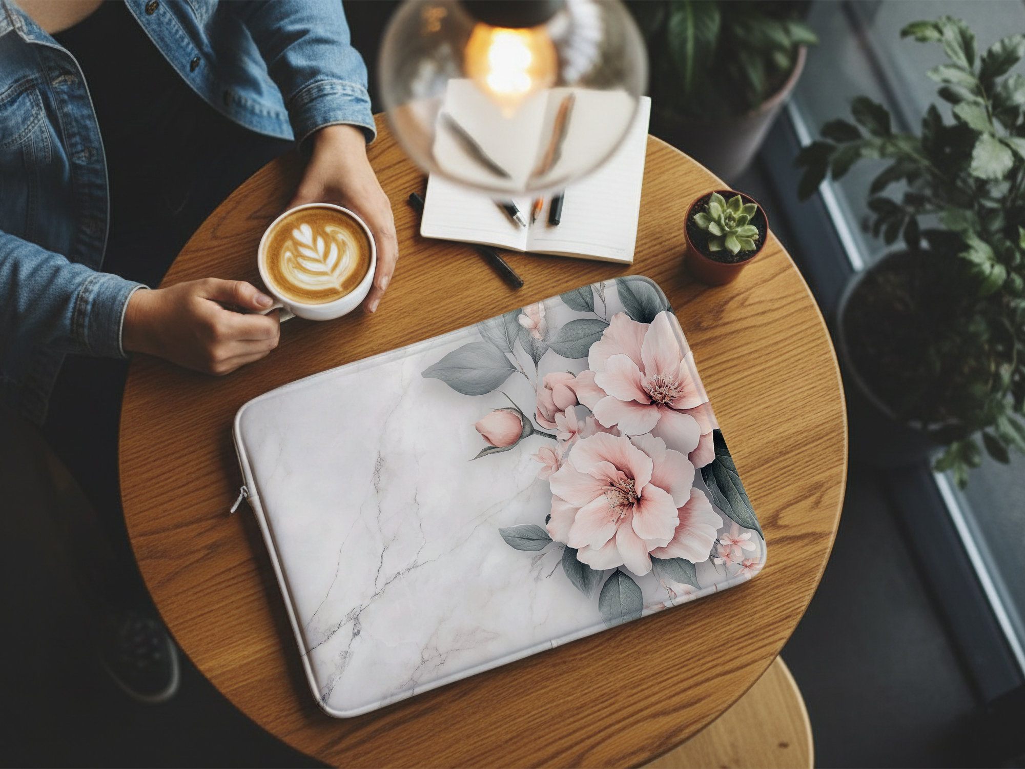 Blush Camellia Flower Laptop Sleeve Personalized with Name Botanical Tech Case