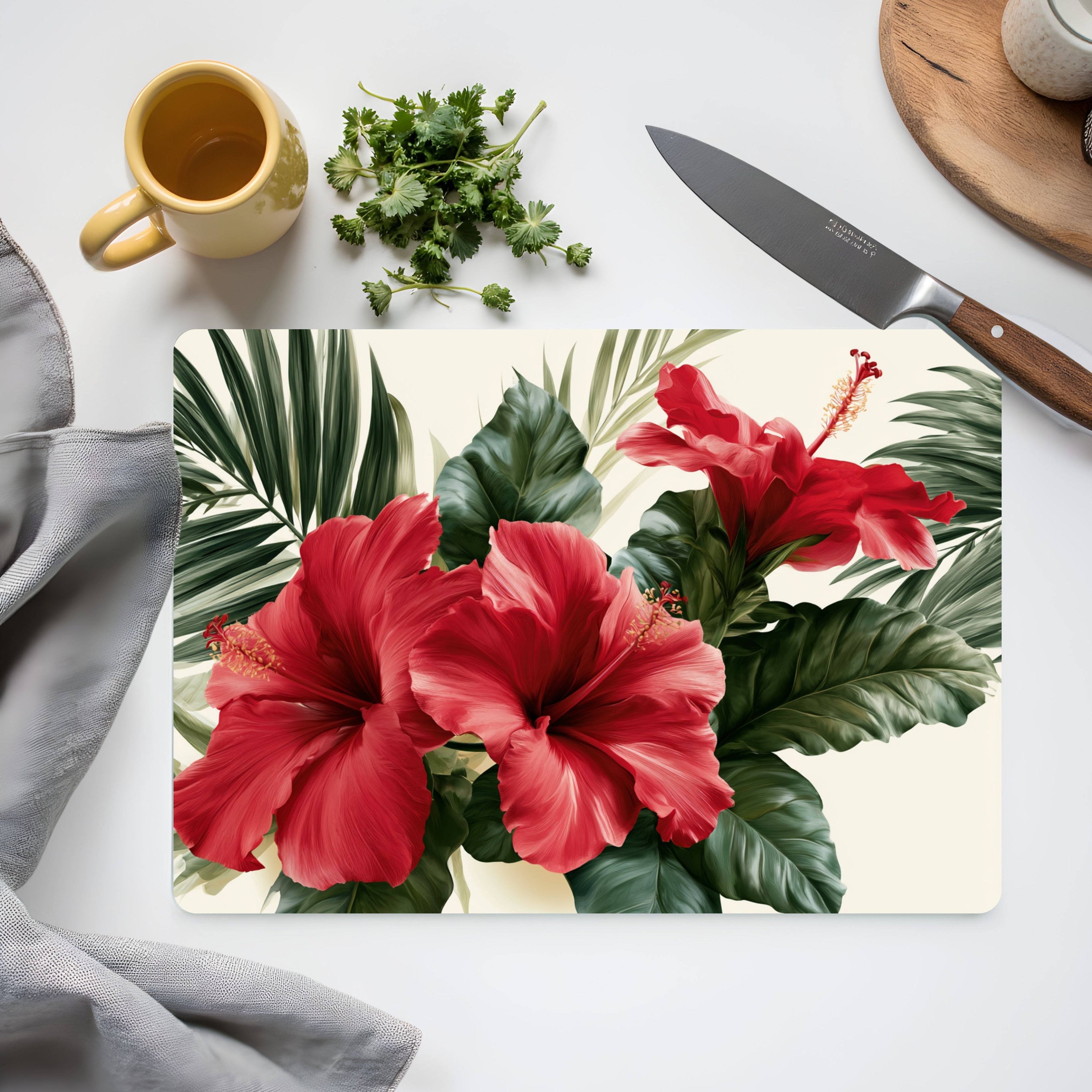 Tropical Hibiscus Glass Cutting Board Personalized for Vibrant Botanical Kitchens