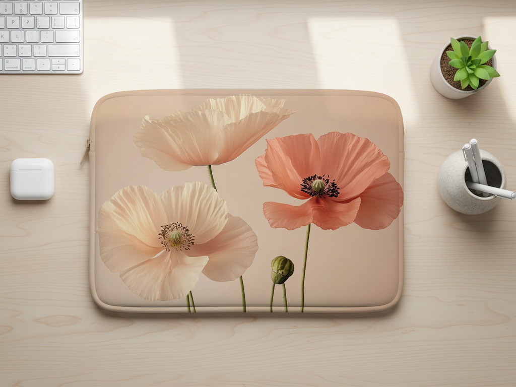 Poppy Bloom Laptop Protector Customized with Name Botanical Travel Sleeve