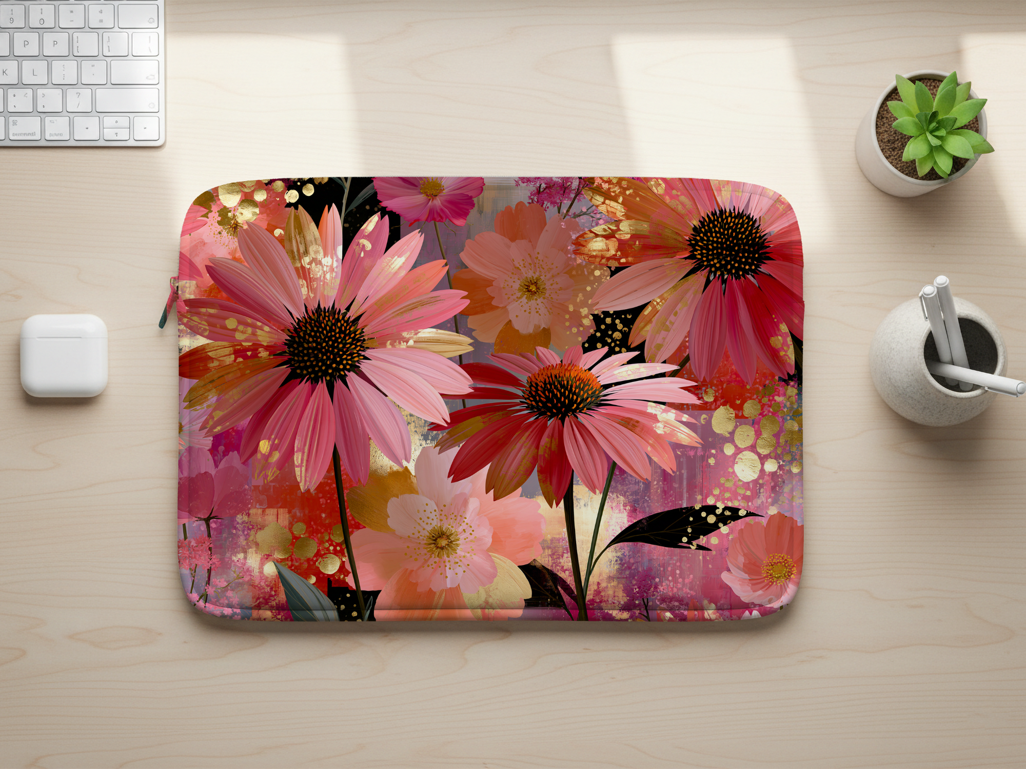 Echinacea Bloom Laptop Sleeve with Personalized Name Botanical Travel Cover
