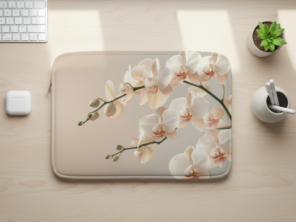 White Orchid Computer Sleeve Personalized with Name Elegant Botanical Case