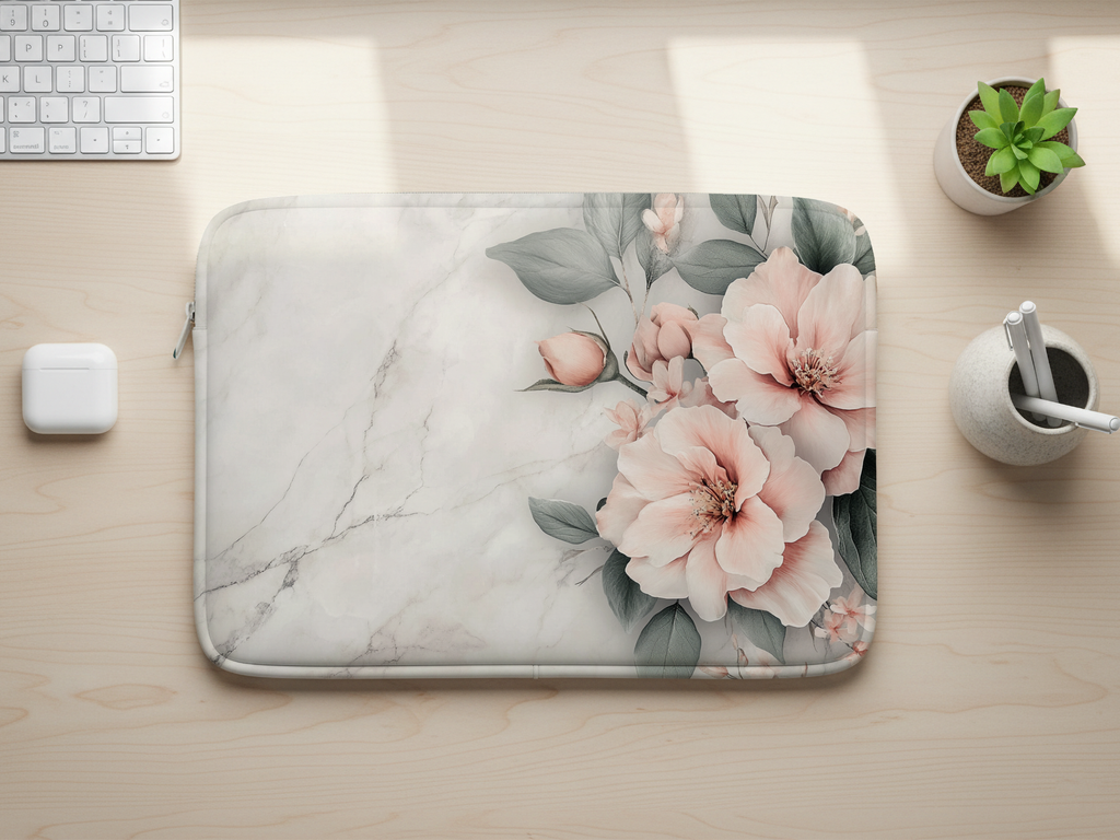 Blush Camellia Flower Laptop Sleeve Personalized with Name Botanical Tech Case
