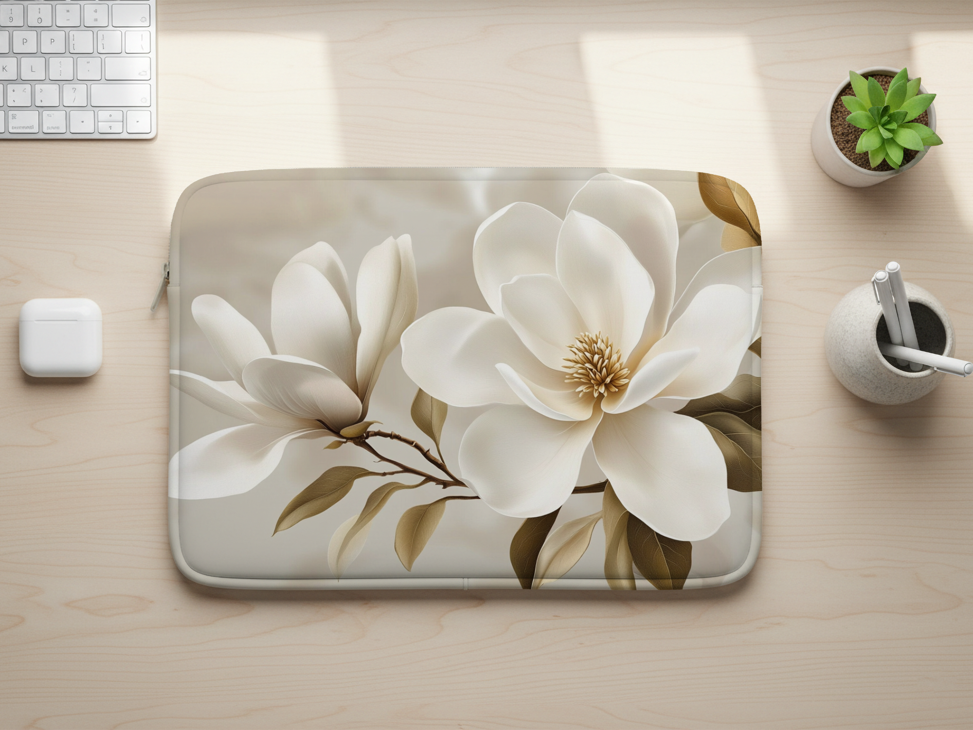 Magnolia Bloom Laptop Cover with Personalized Name Botanical Device Case
