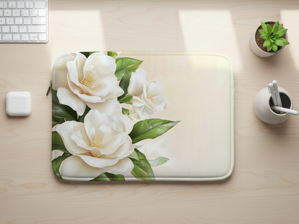 White Magnolia Bloom Laptop Case with Personalized Name
