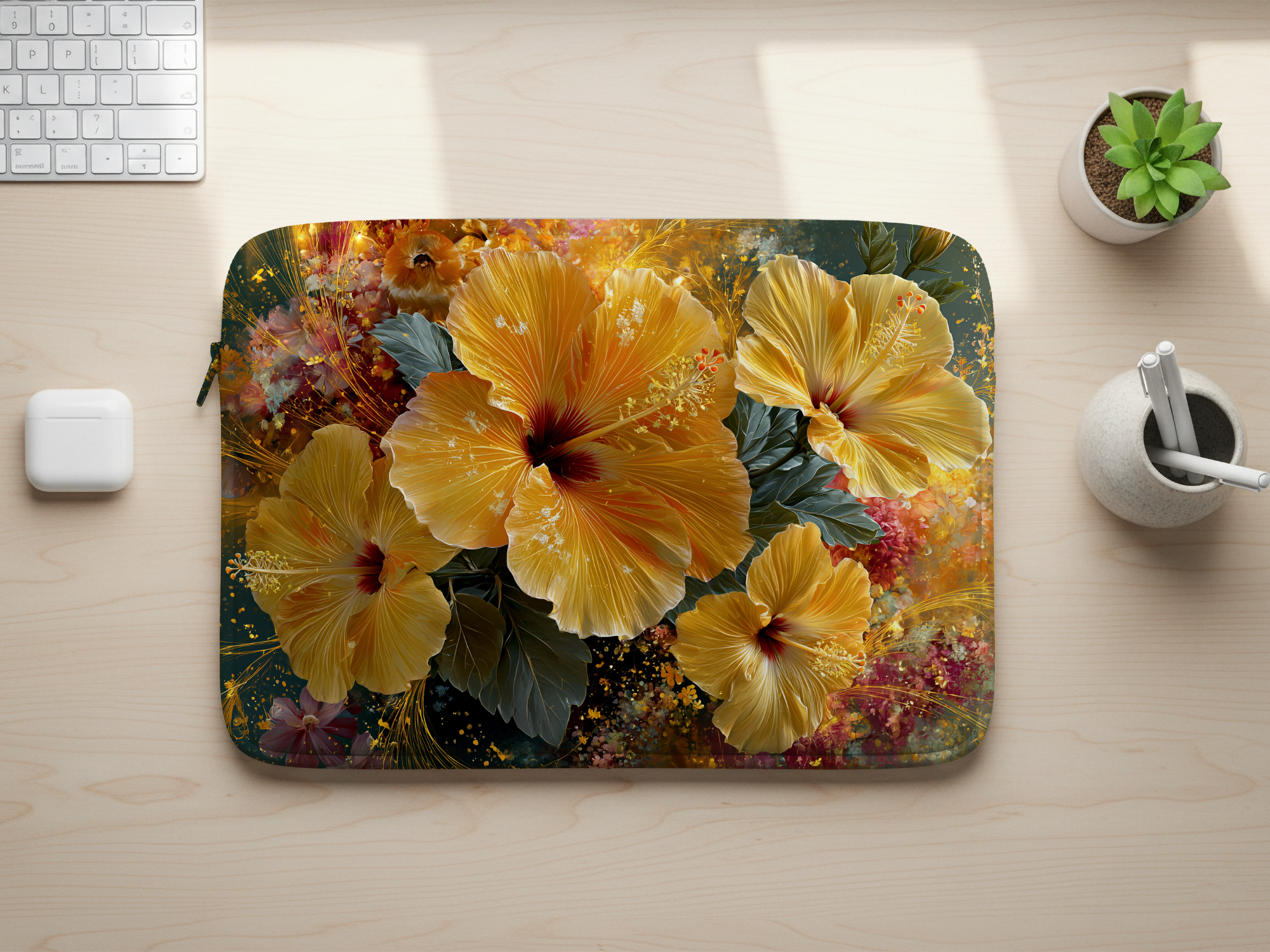 Hibiscus Botanical Laptop Sleeve Custom Printed with Name for Everyday Travel