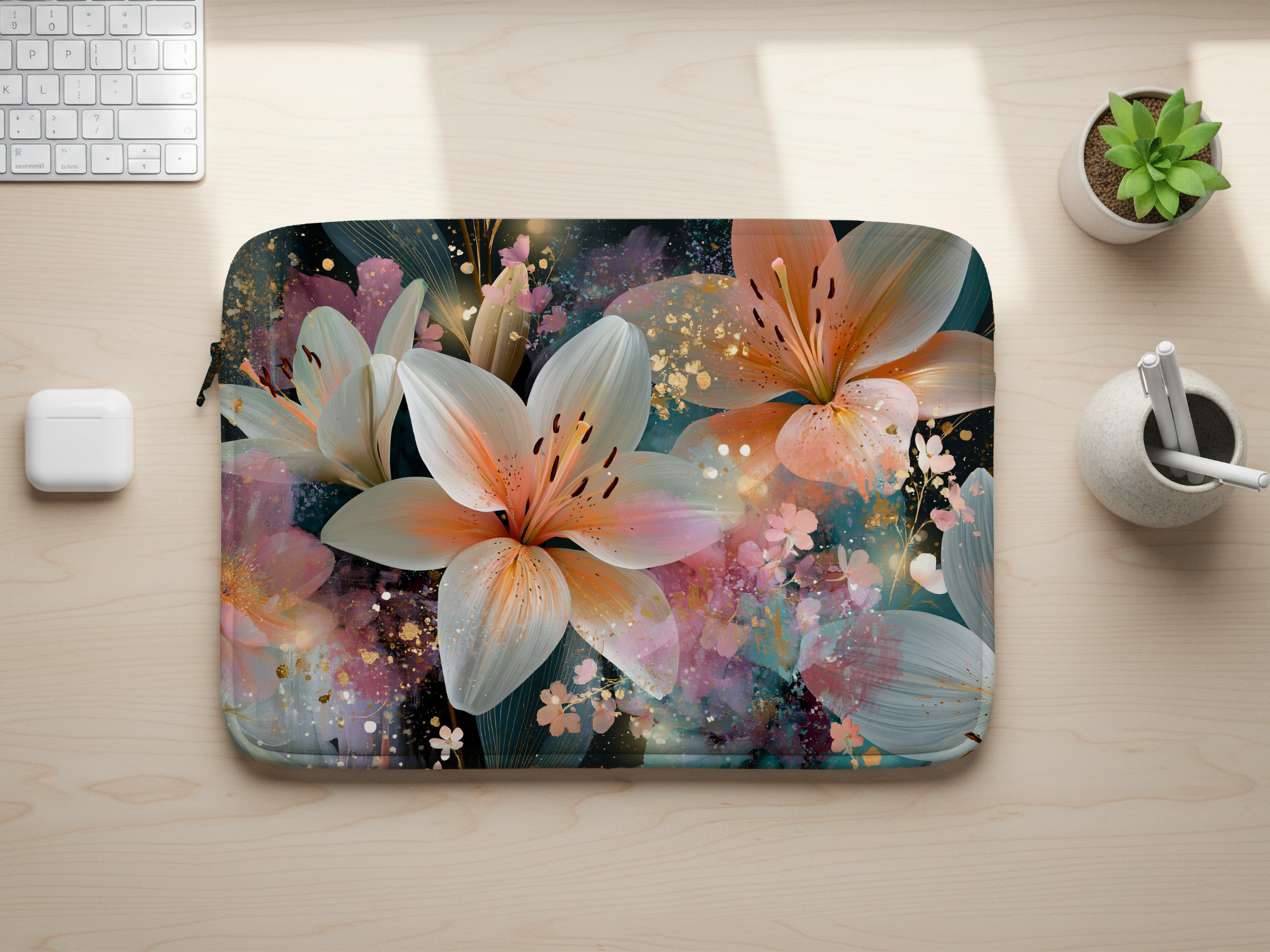 Custom Asiatic Lily Laptop Sleeve with Personalized Name Botanical Tech Cover
