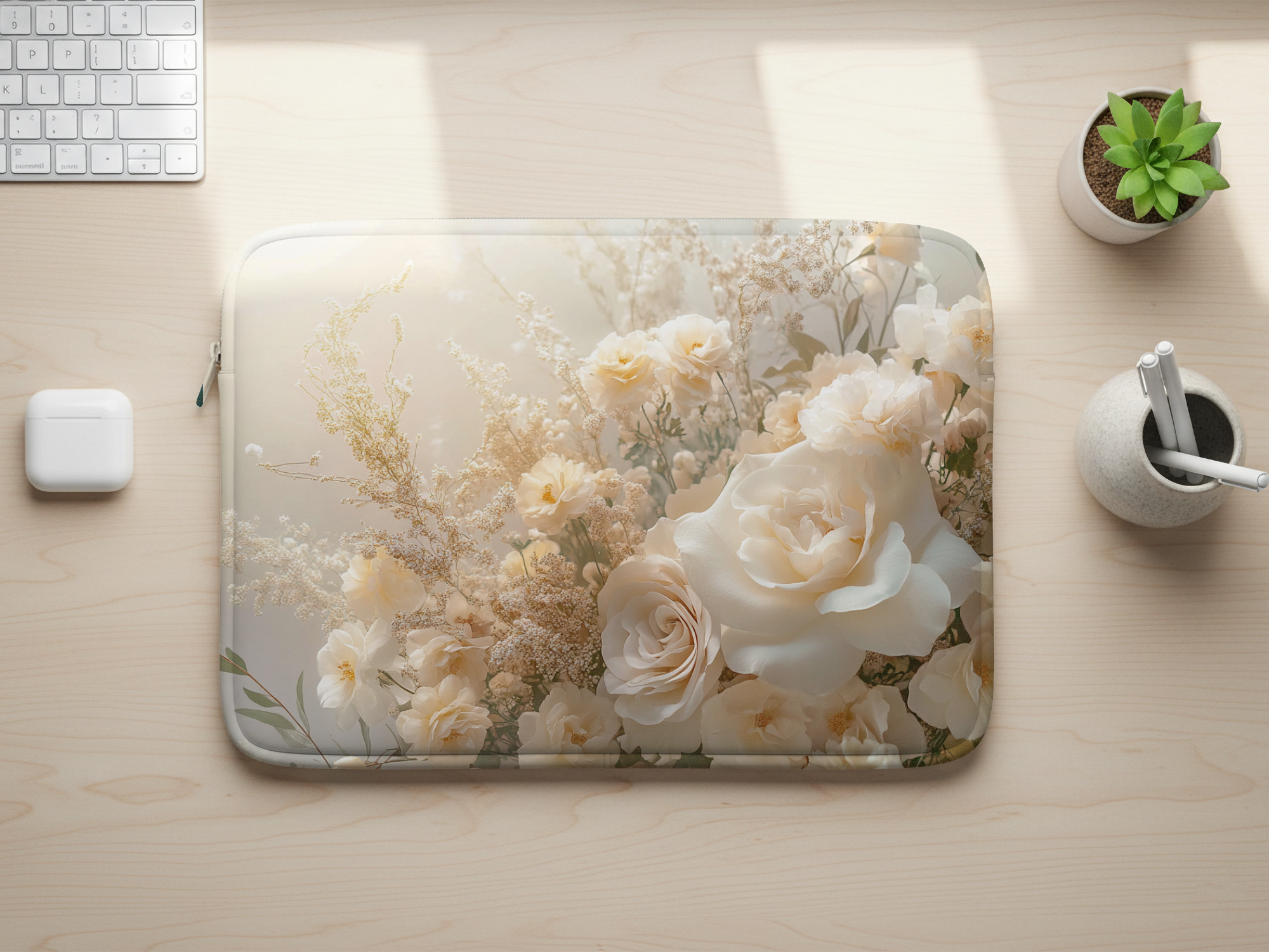Cream Rose Computer Carry Case with Personalized Name Floral Tech Sleeve