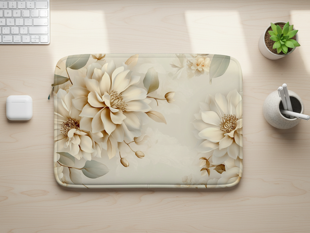 Cream Magnolia Laptop Portfolio with Personalized Name Botanical Tech Sleeve