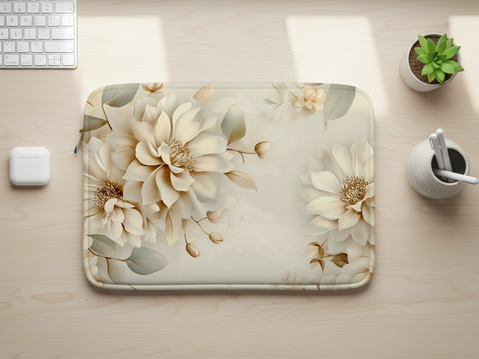 Cream Magnolia Laptop Portfolio with Personalized Name Botanical Tech Sleeve
