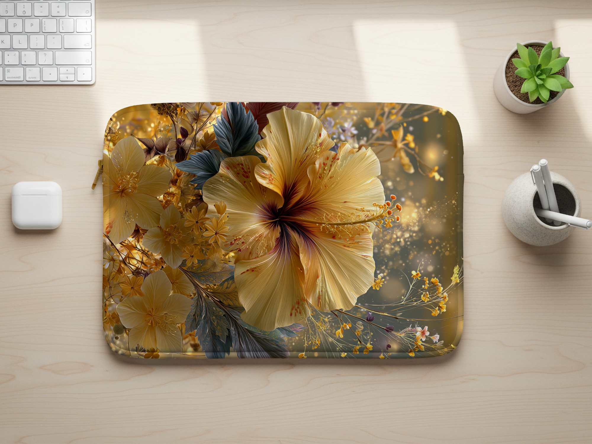 Yellow Hibiscus Laptop Sleeve with Custom Name, Tropical Floral Computer Case