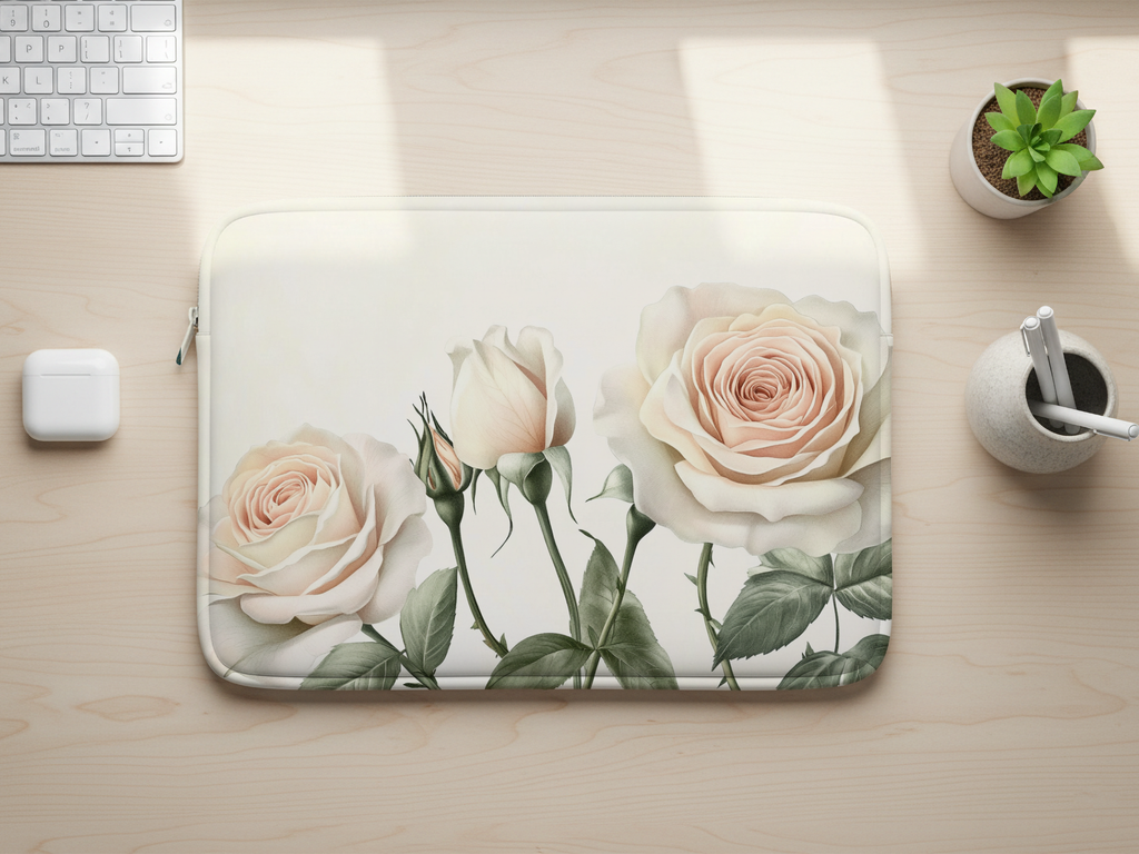 Blush Rose Laptop Portfolio Personalized with Name Romantic Botanical Sleeve