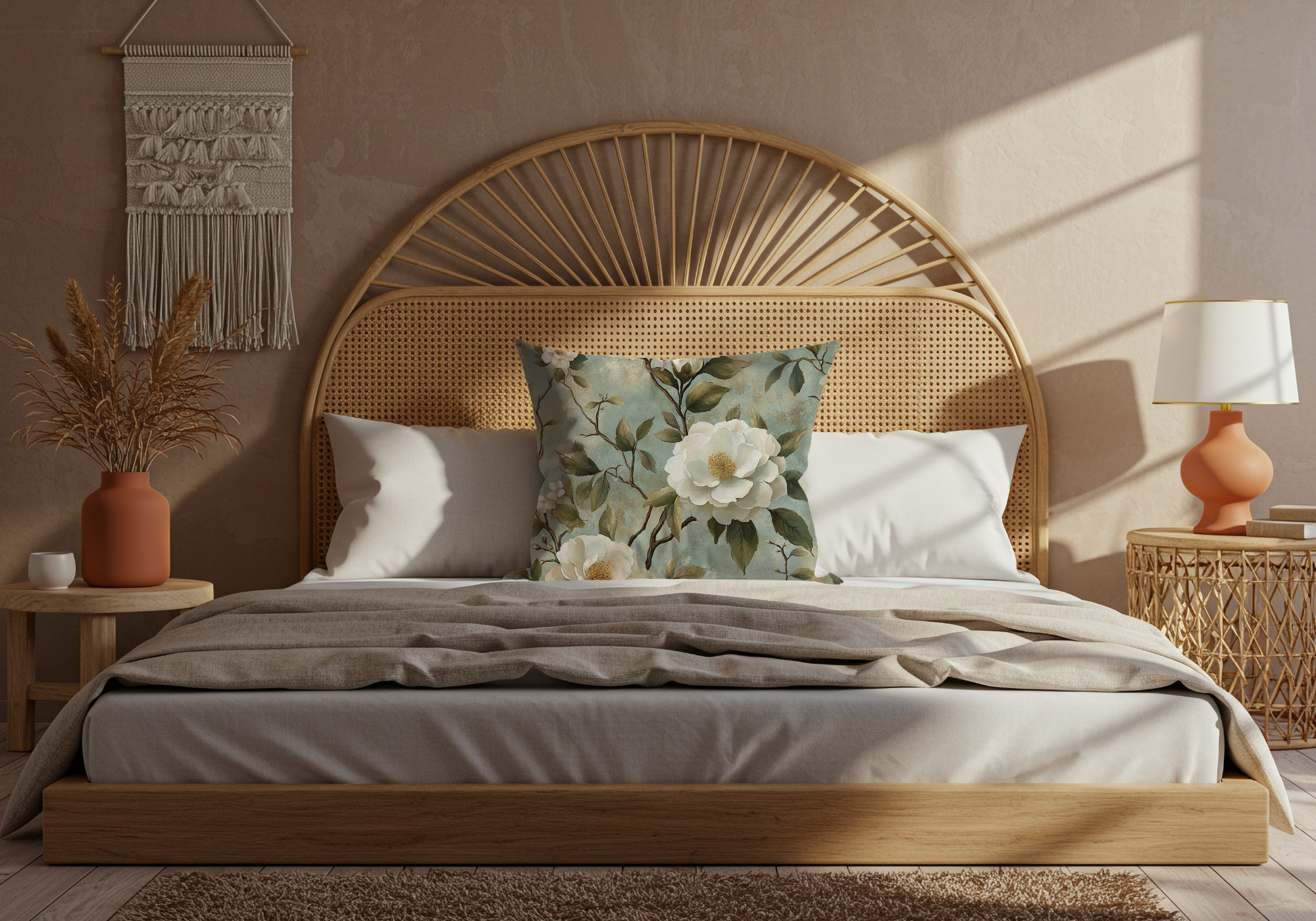 Personalized White Camellia Conservatory Pillow with Custom Name
