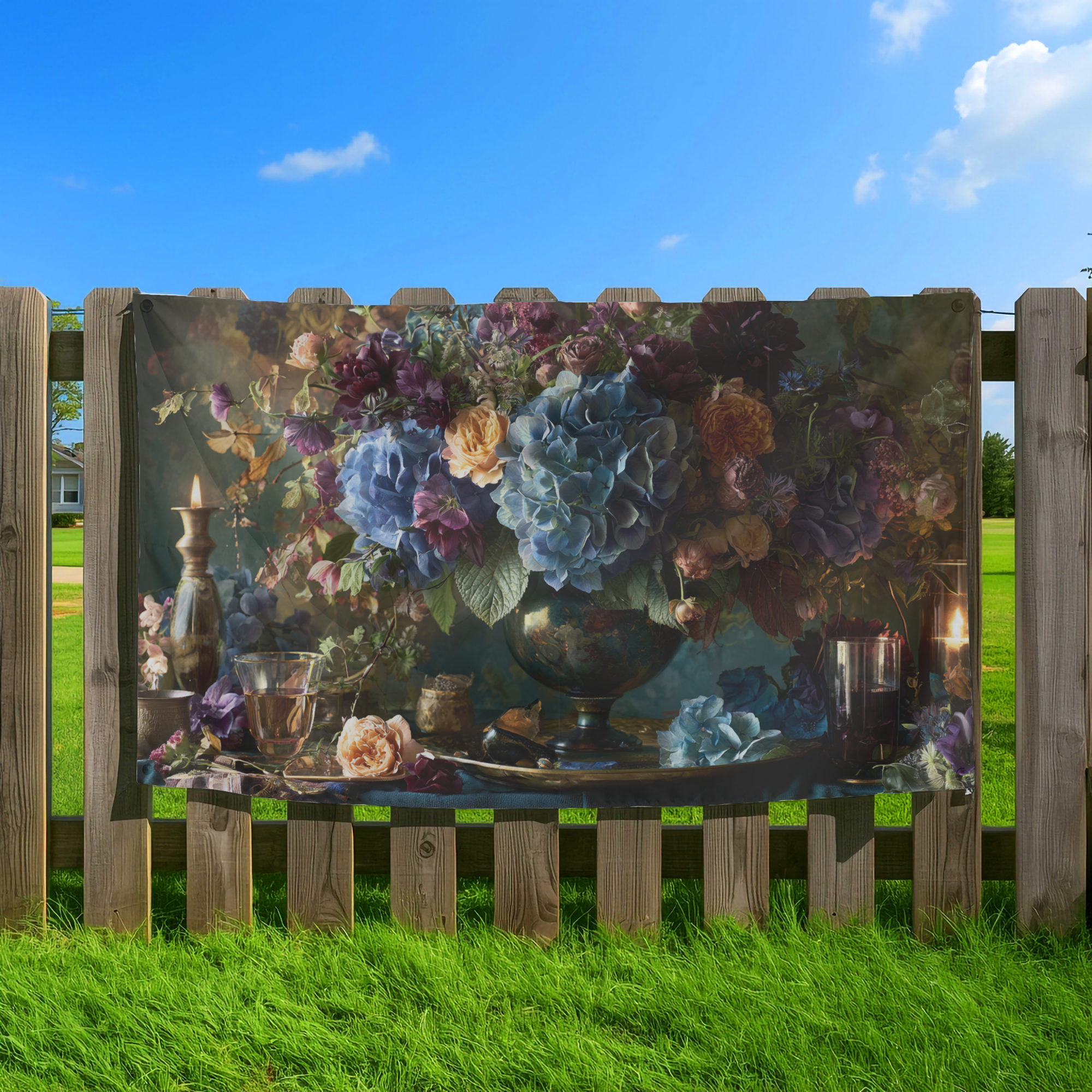 Custom Blue Hydrangea flower Garden Flag with Personalized Name for Outdoor Home Decor