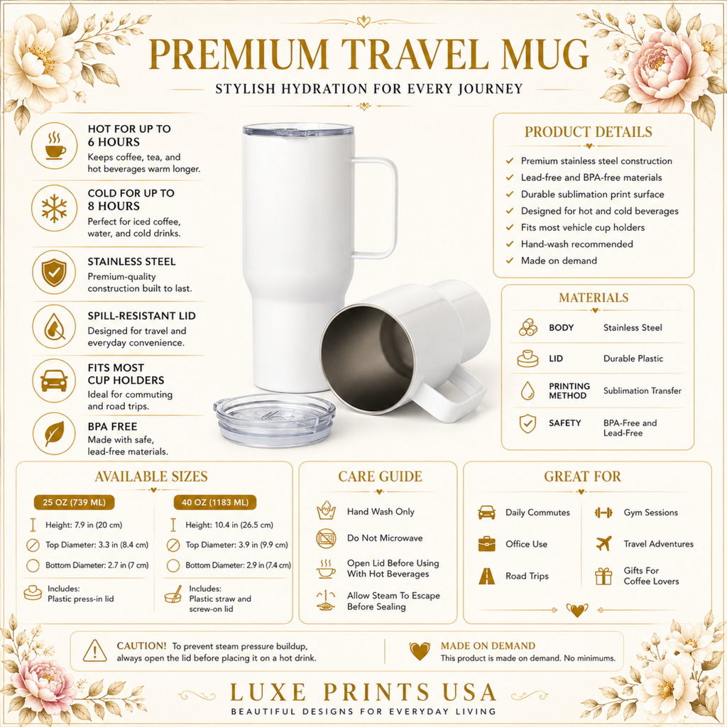 Personalized Floral Travel Mug with Handle Custom Name Stainless Steel Tumbler