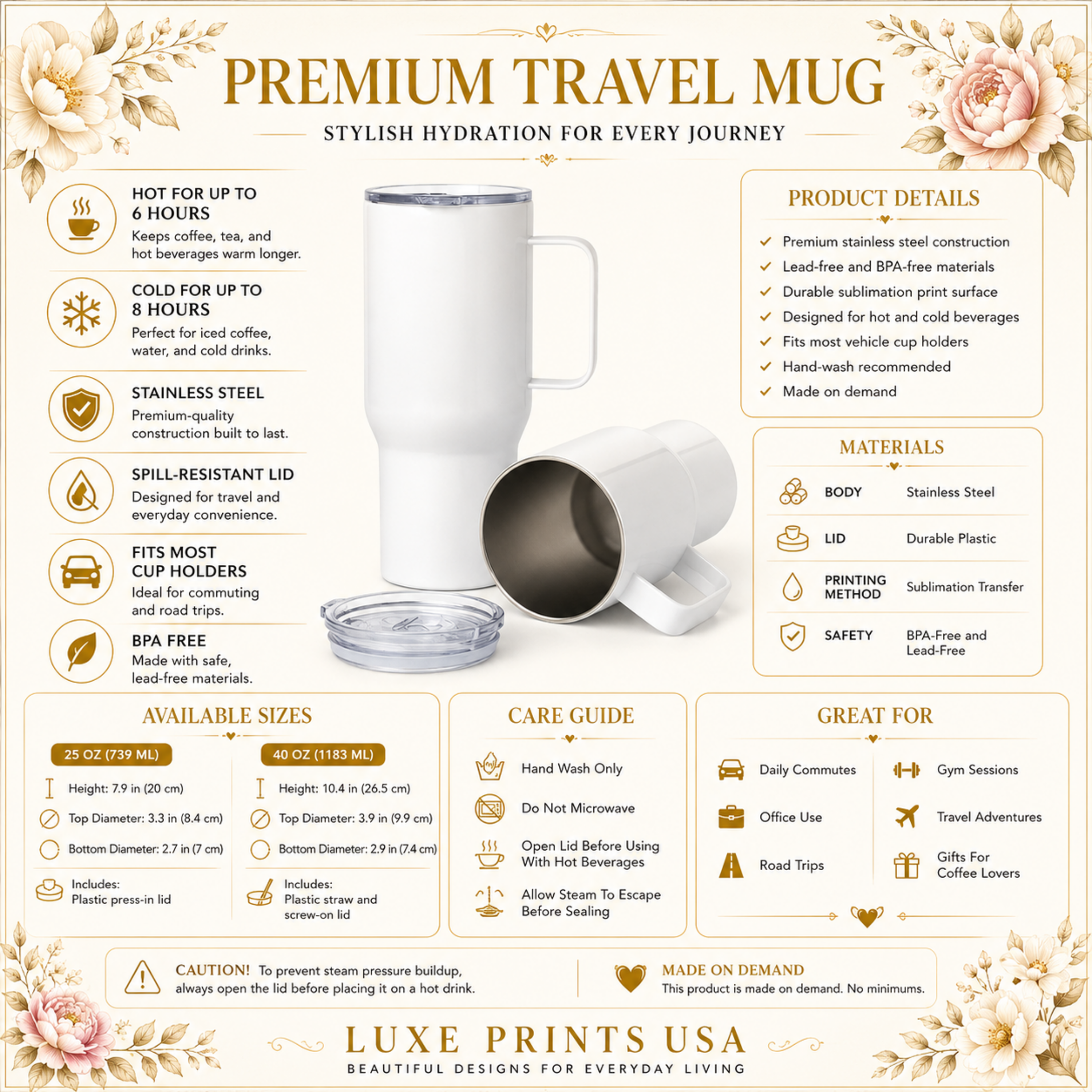 Personalized Floral Coffee Tumbler with Handle Custom Travel Mug with Name Gift for Women
