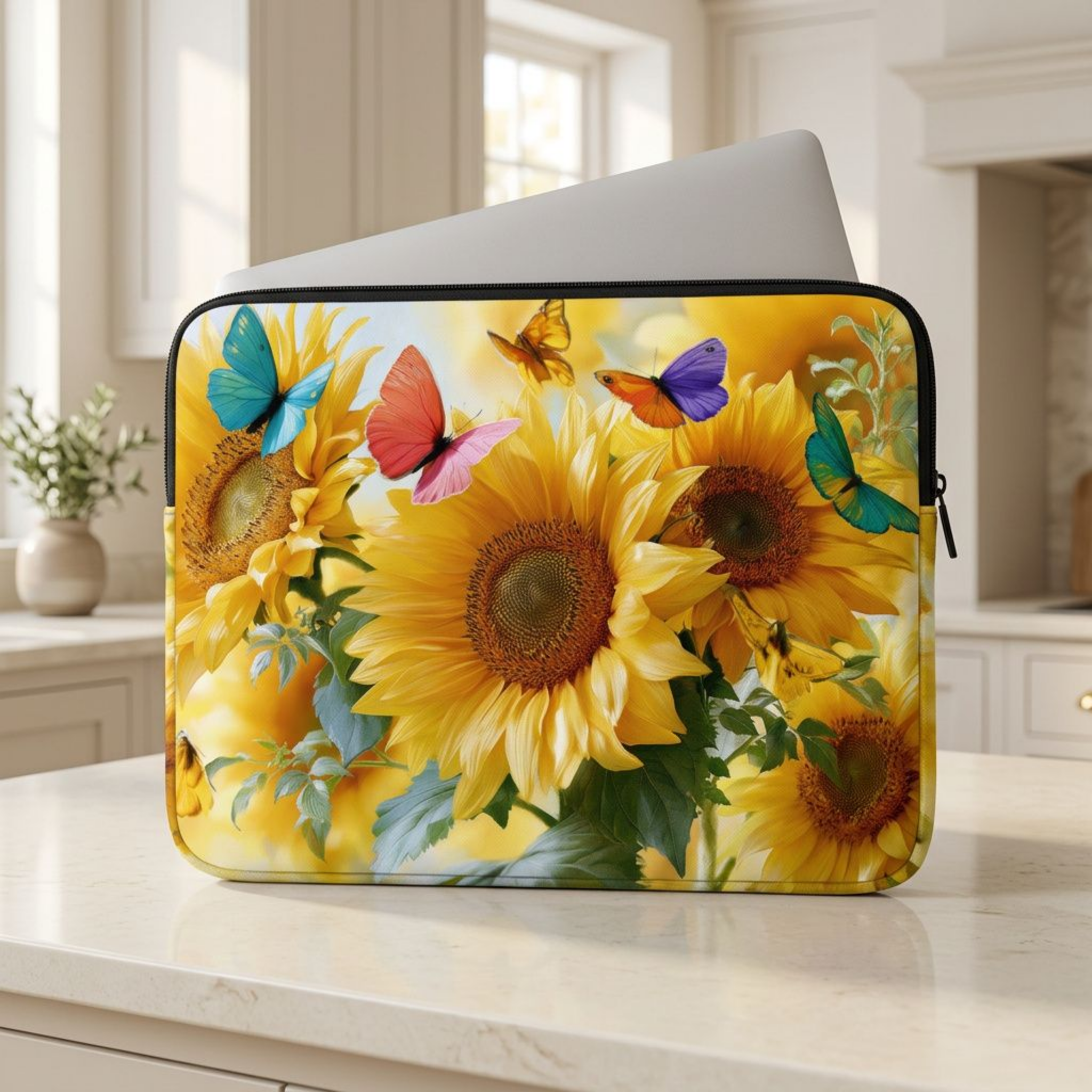 Sunflower Butterfly Laptop Sleeve Personalized with Name Botanical Device Holder