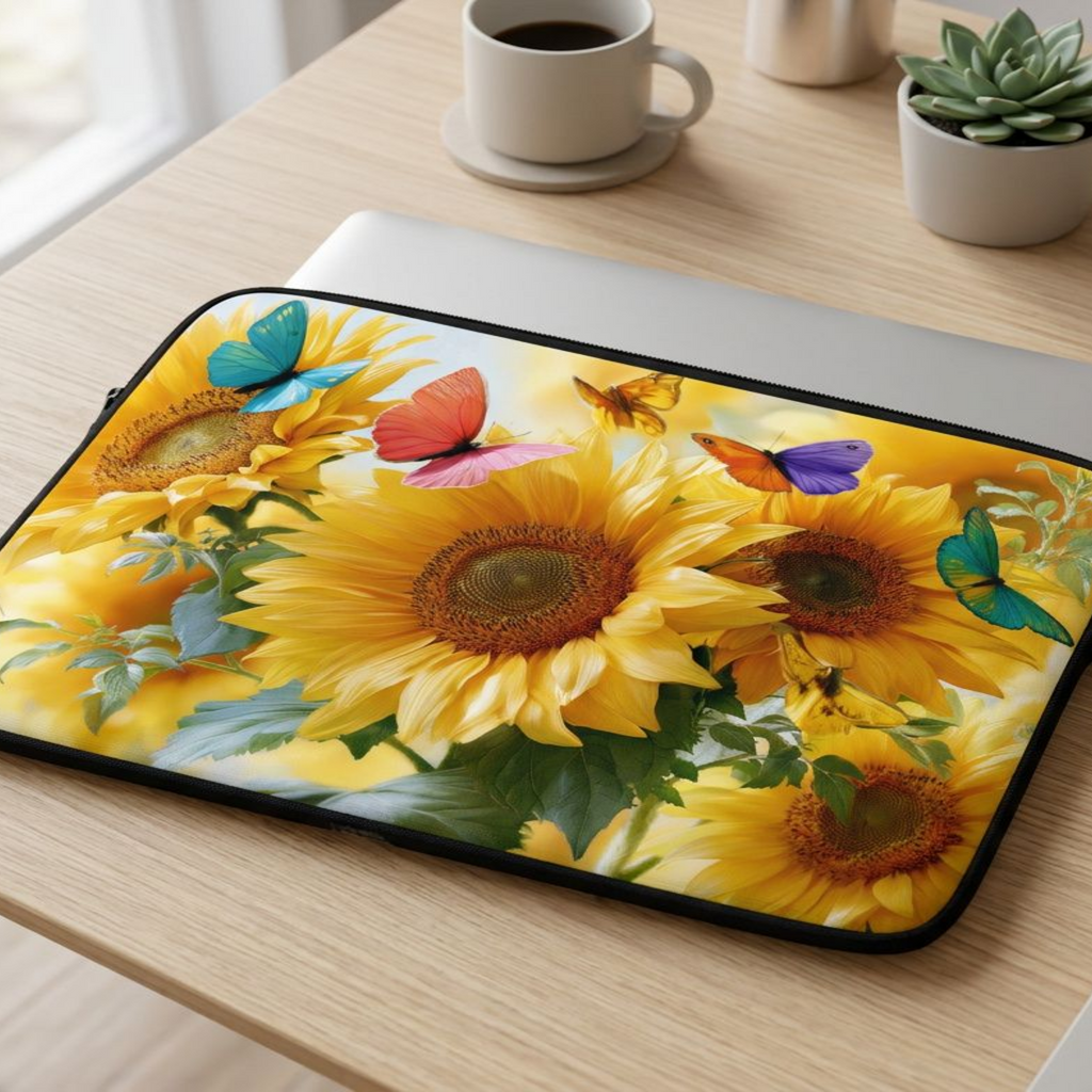 Sunflower Butterfly Laptop Sleeve Personalized with Name Botanical Device Holder
