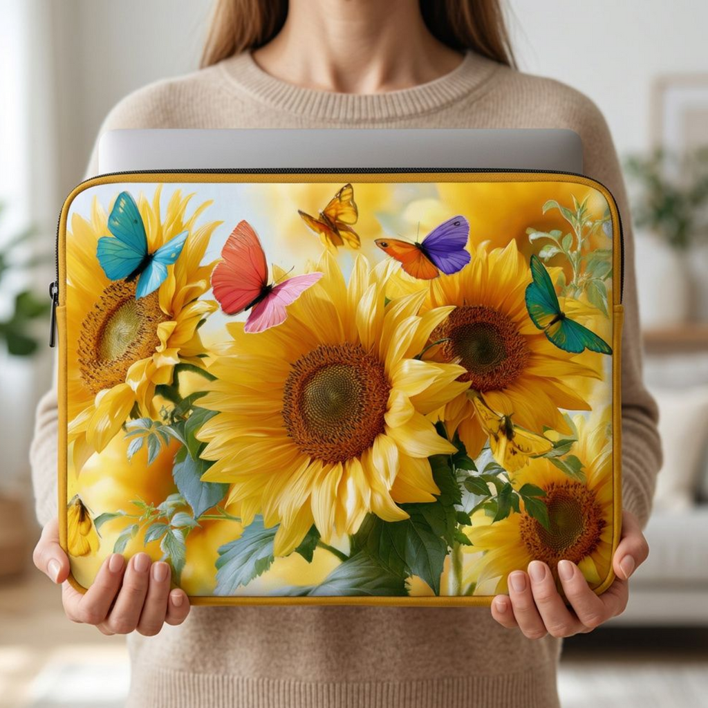 Sunflower Butterfly Laptop Sleeve Personalized with Name Botanical Device Holder
